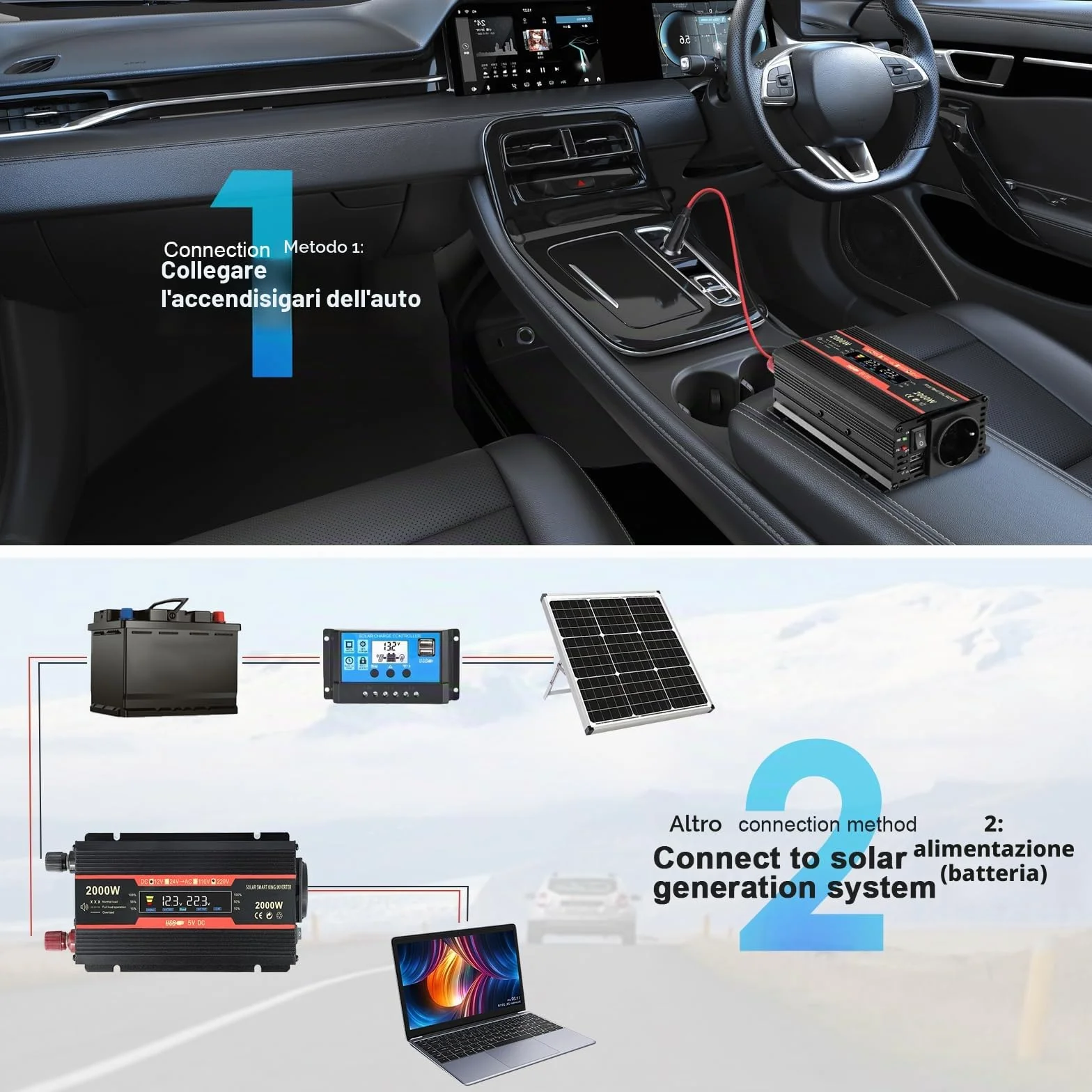 Premio Convertitore di Tensione 2000W 12V 220V Inverter per Auto con Allume Cigare 2 Porte USB