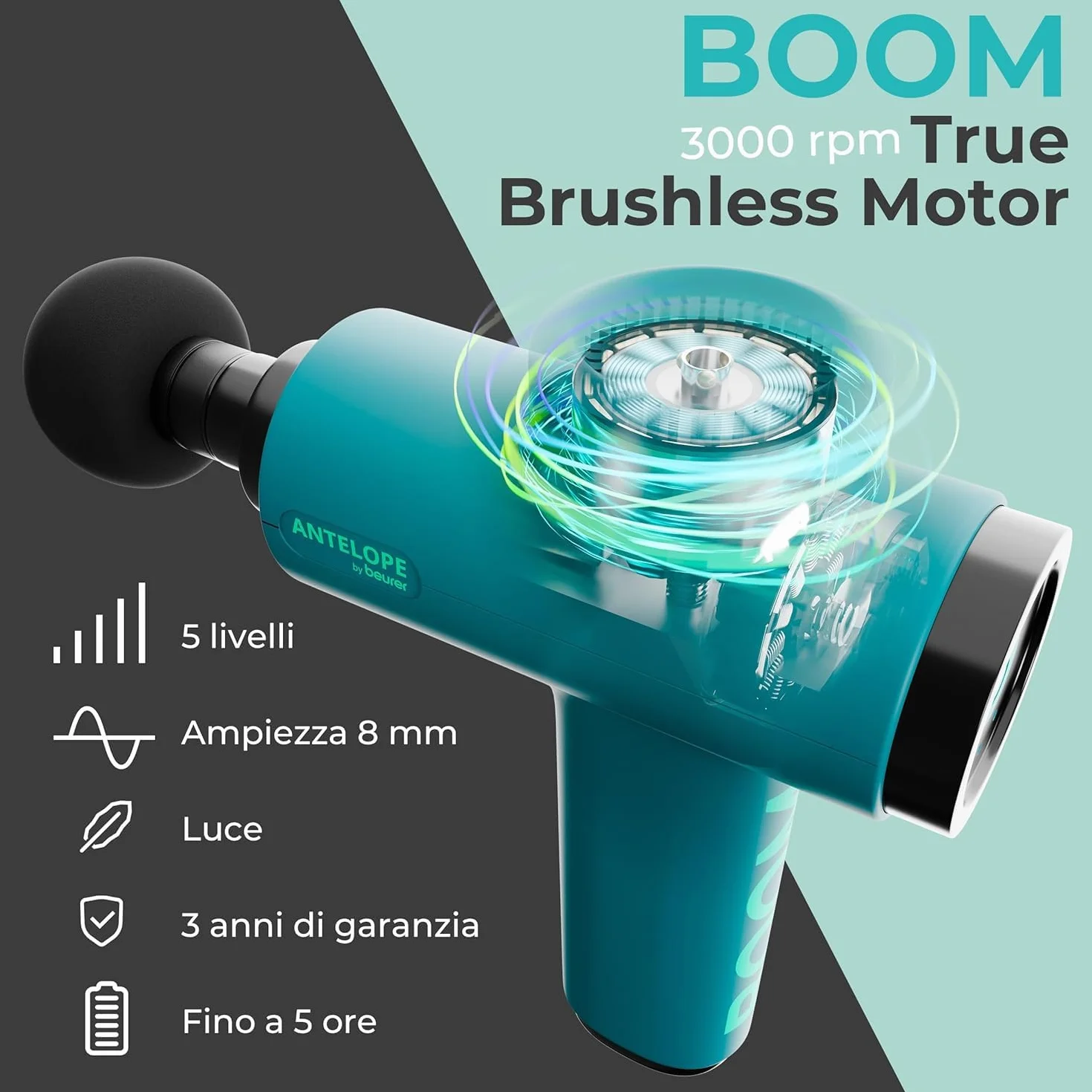 Beurer BOOM Pistola per Massaggio Muscolare compatta 4 accessori 5 livelli