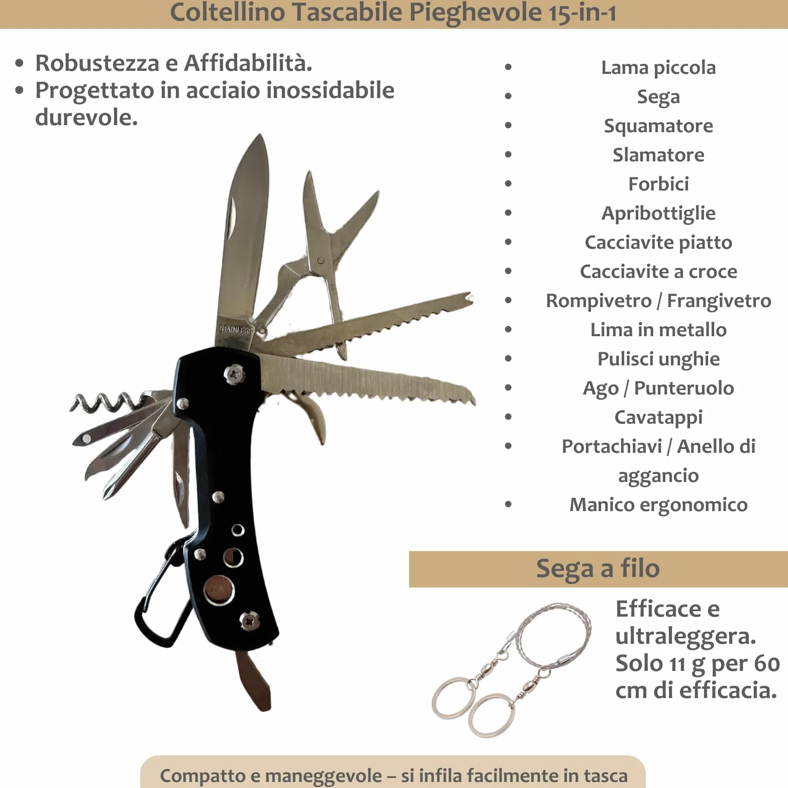 Kit Sopravvivenza & Primo Soccorso – Kit di Emergenza con 16 Strumenti Multifunzione e Più di 60 Articoli di Primo Soccorso – Ideale per Auto, Trekking, Campeggio & Scout – Robusto & Completo