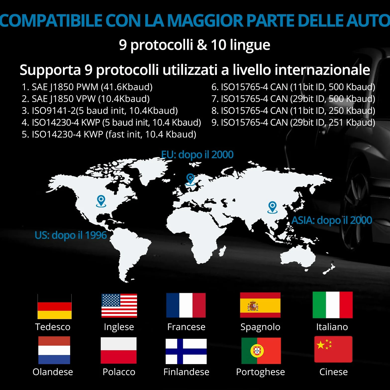 AUTOUTLET OBD2 OBDII Diagnostico Scanner per Auto con Lettura Codici DTC e 10 Lingue