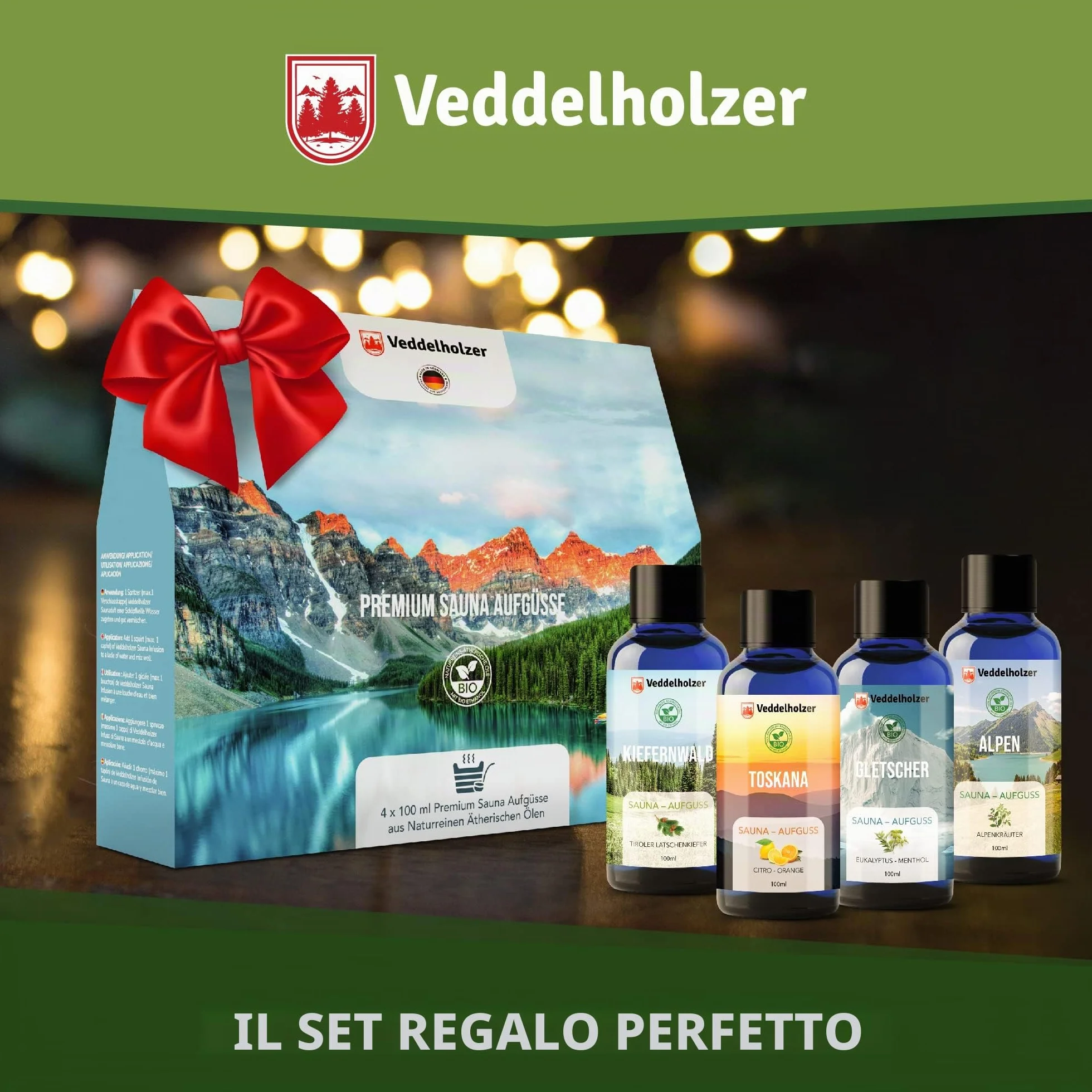 Veddelholzer Infusione per sauna BIO oli essenziali 100% naturali puri 4 x 100 ml set regalo