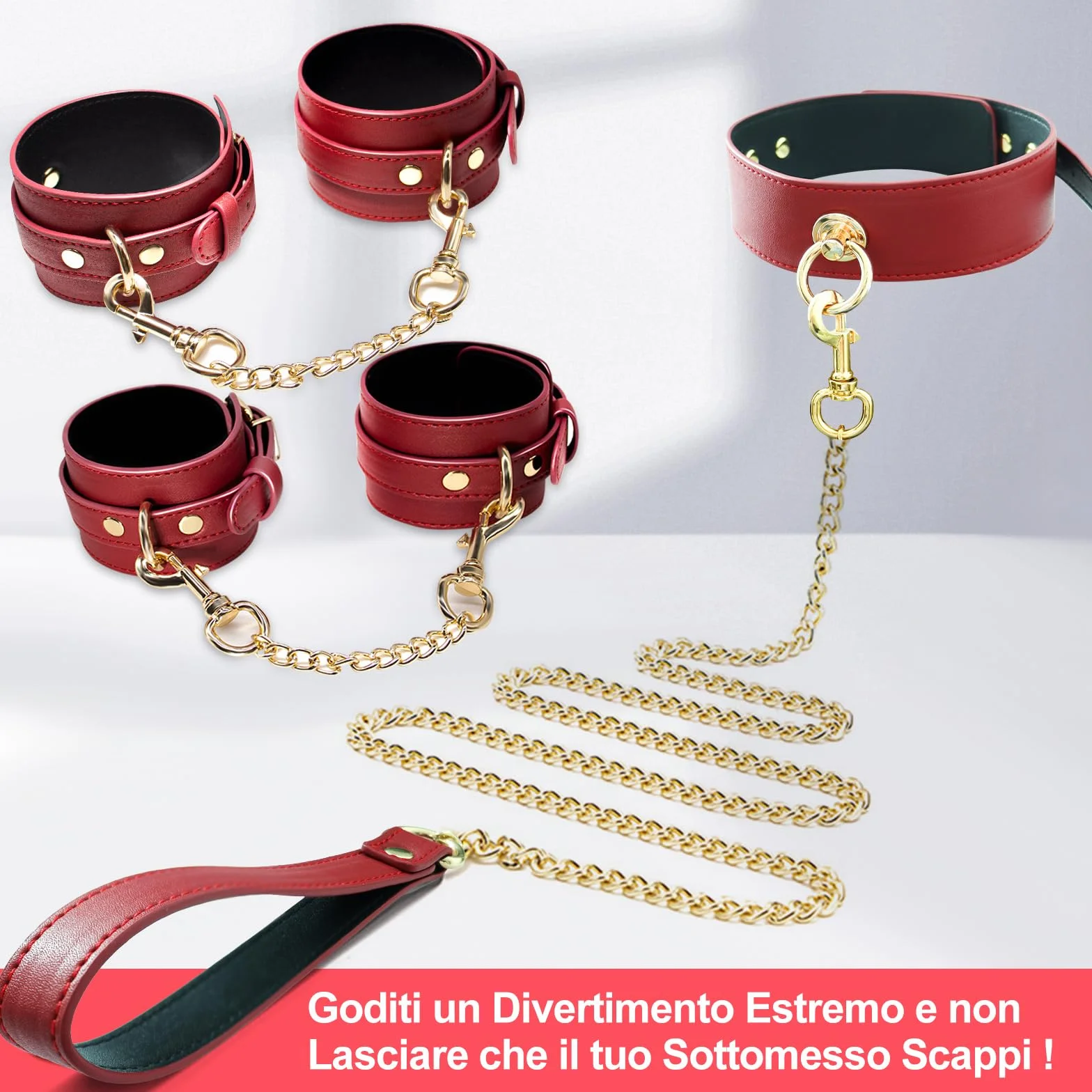 BDSM Bondage Kit Manette in Pelle Regolabili per Mani e Caviglie con Collare e Guinzaglio per Donna