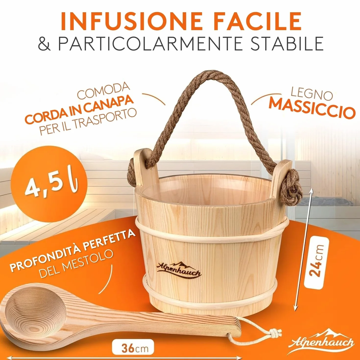 ALPENHAUCH Secchio per sauna con cucchiaio in legno naturale - Set accessori sauna con clessidra e termometro