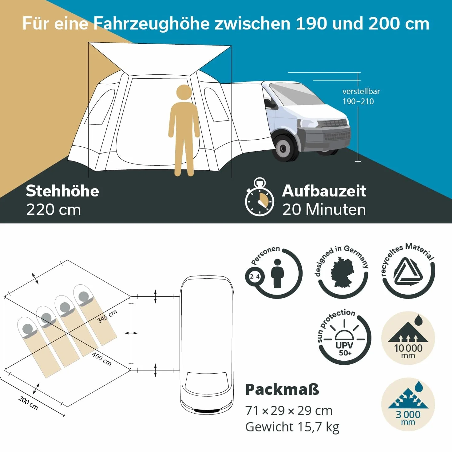Skandika Pitea Dome Tenda per auto, autobus, furgoni | Indipendente, per 2-4 persone, 2,2 m di altezza, 10,4 m² di superficie abitabile, 3 ingressi, zanzariera, 3000 mm di colonna d'acqua