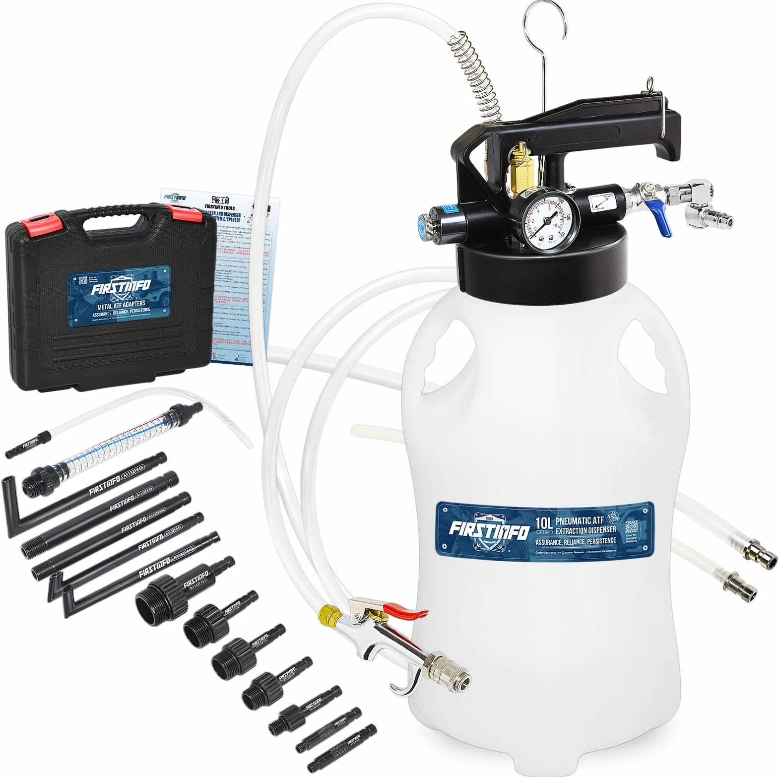 FIRSTINFO Kit Pneumatico ATF 10L per Riempimento e Aspirazione Olio Cambio Automatico, Pompa Cambio Olio Trasmissione con 14 Adattatori ATF, Attrezzatura Professionale Officina A1135NEU