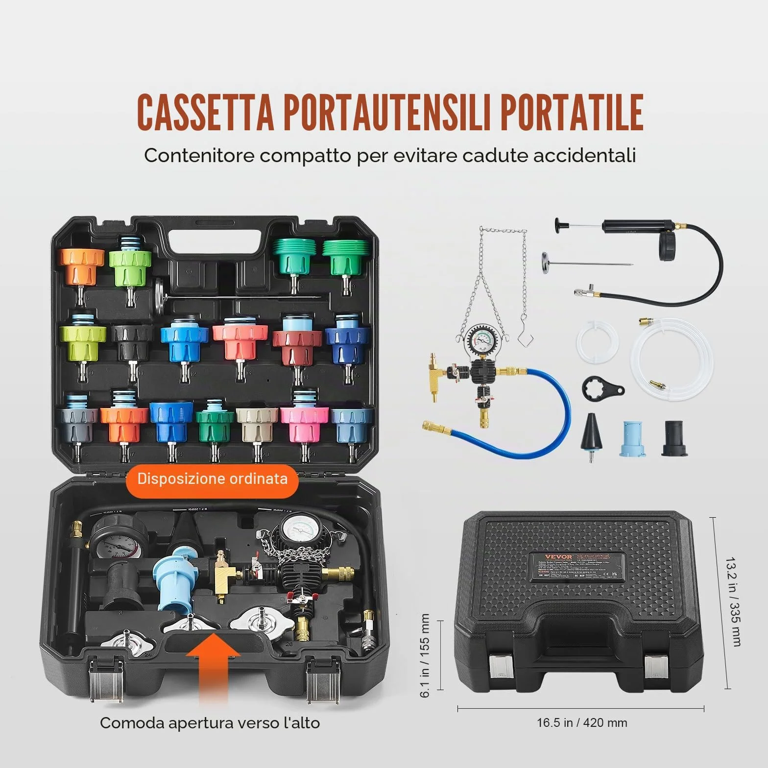 VEVOR Kit Tester Universale per Pressione del Sistema di Raffreddamento Sostituzione del Radiatore, Kit Adattatori per Pompa a Mano Kit Tester per Pressione con Valigetta Portatile Auto Moto Camion