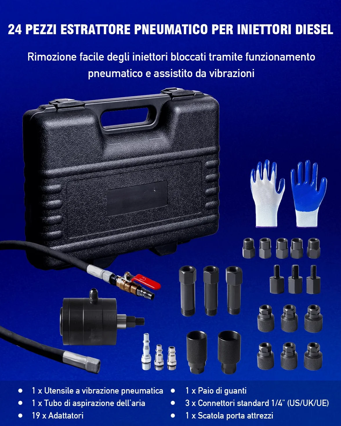 INCENDIOS Estrattore Iniettori Diesel Pneumatico 24 Pezzi con 19 Adattatori 3 Connettori 1/4" 5-8 Bar