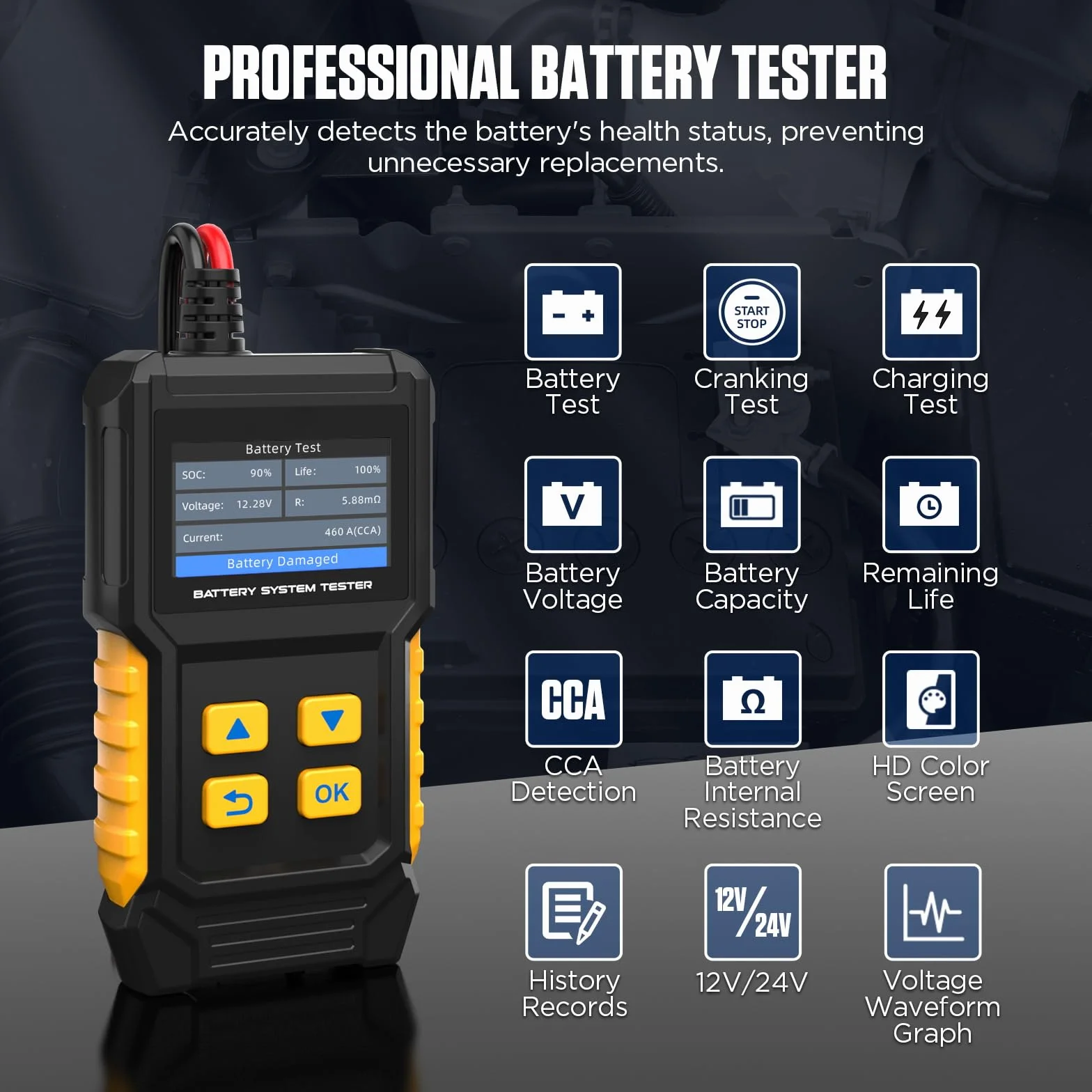 Tester per batteria auto 12V 24V di carico 30-2000 CCA alternatore automobilistico Analizzatore di batteria digitale Tester del sistema di avviamento e carica