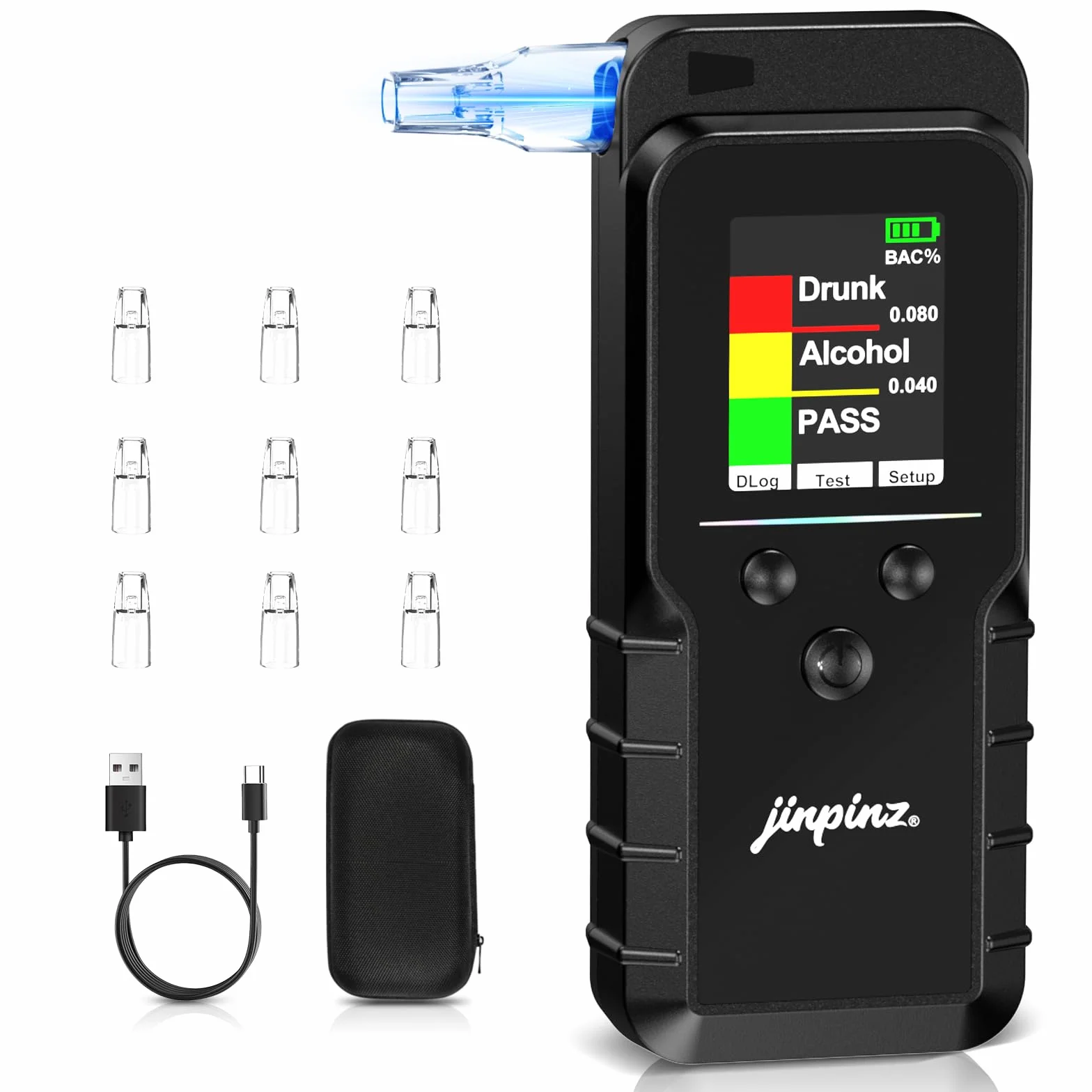 Etilometro Portatile Certificato con Sensore Elettrochimico Professionale Ricaricabile Alcol Test Digitale con Memoria Breathalyzer di Precisione Display LCD Blu