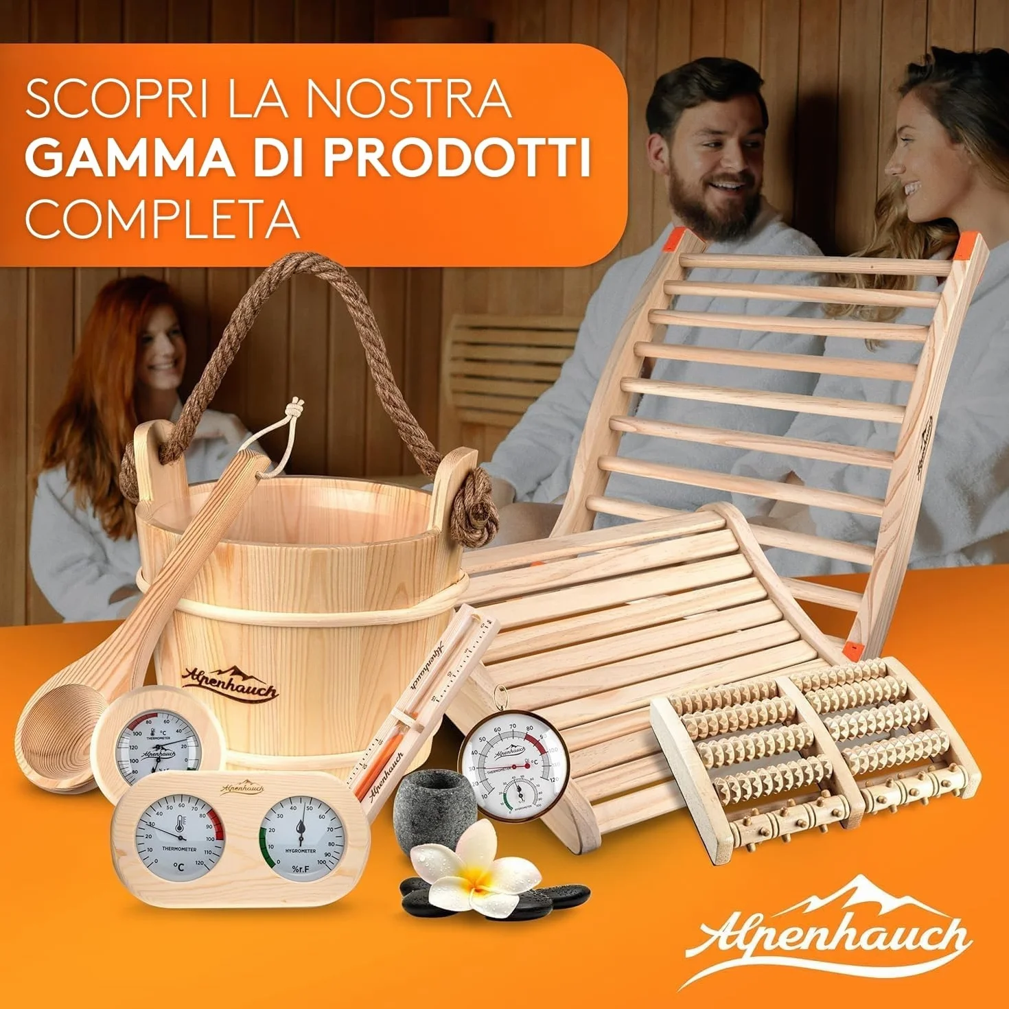 ALPENHAUCH Secchio per sauna con cucchiaio in legno naturale - Set accessori sauna con clessidra e termometro