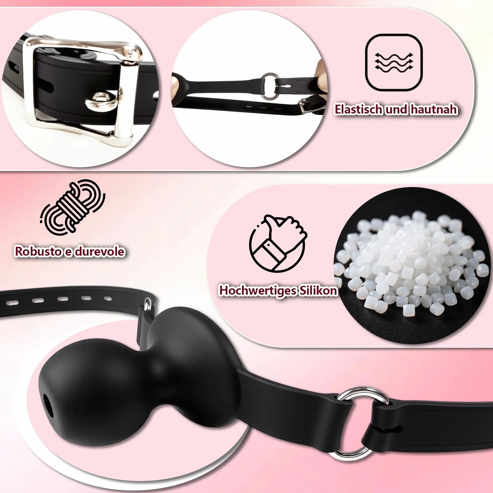 Bocca Ball Gag Silicone SM Sex Toy Regolabile Bavaglio Traspirante per Bondage Coppie Adulti (Ø3,45 cm)