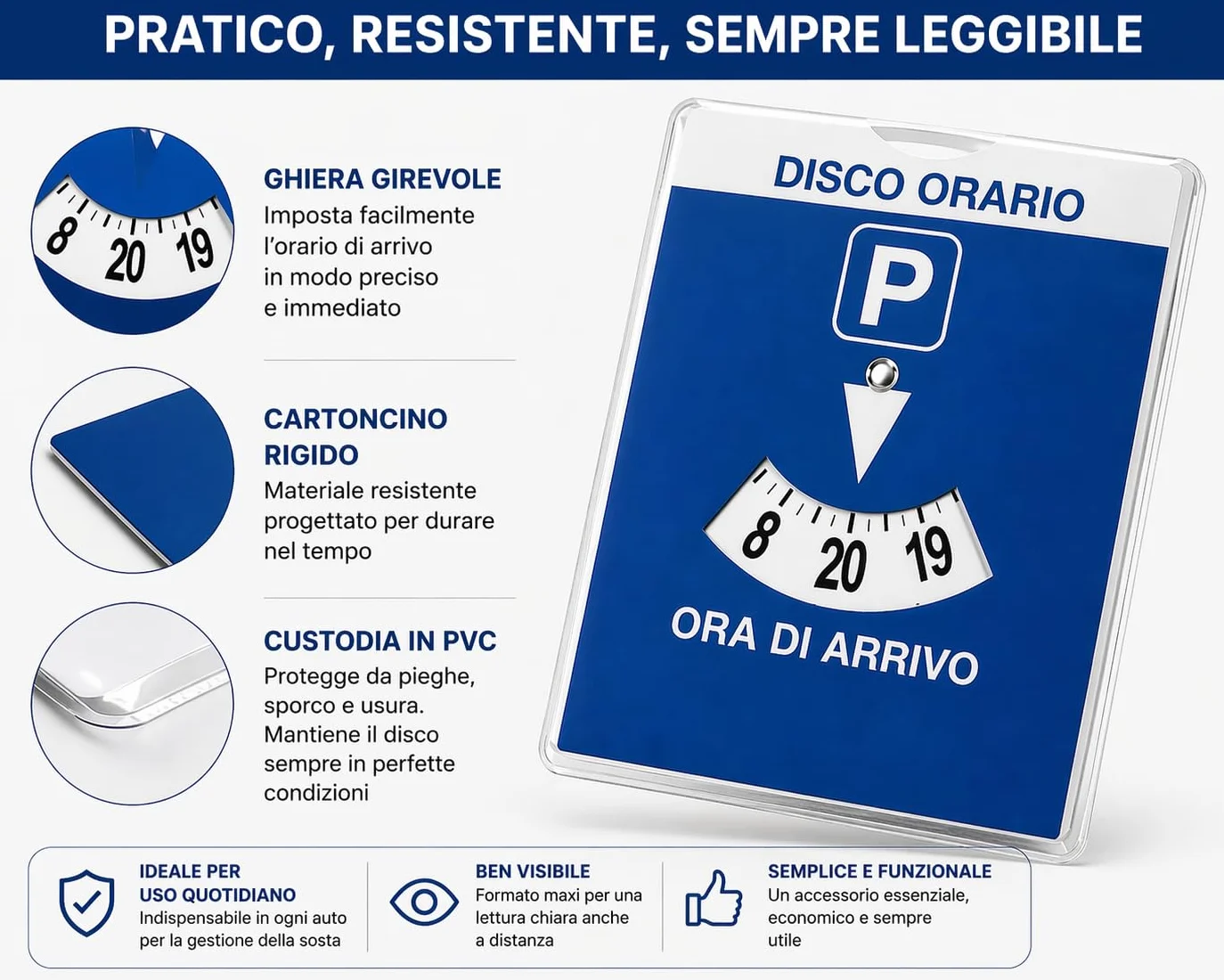 Disco Orario Auto Maxi 10,5x14,3 cm – Disco Parcheggio Cartoncino con Custodia PVC