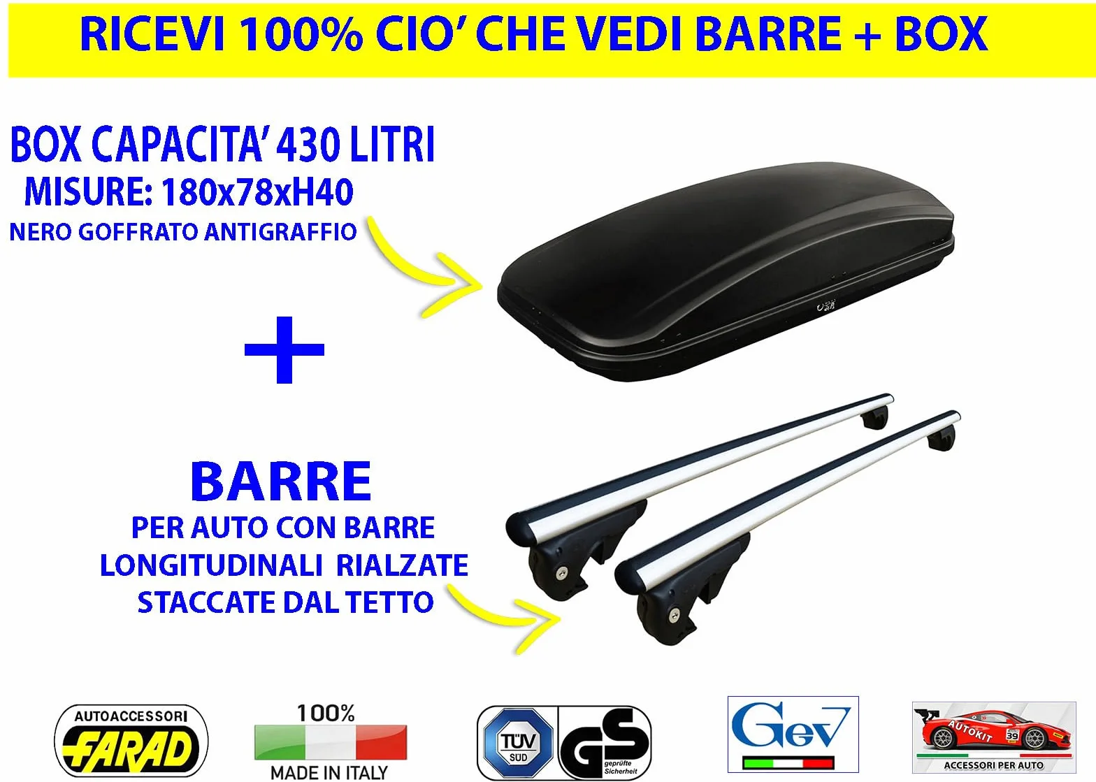 Kit BOX BAULE PORTAPACCHI da Tetto auto FARAD CRUB Capacita' 430 litri + Barre Portatutto Porta Pacchi Bagagli (NON ORIGINALE) COMPATIBILE con Renegade dal 2014 in poi - 1-93431 - A2101