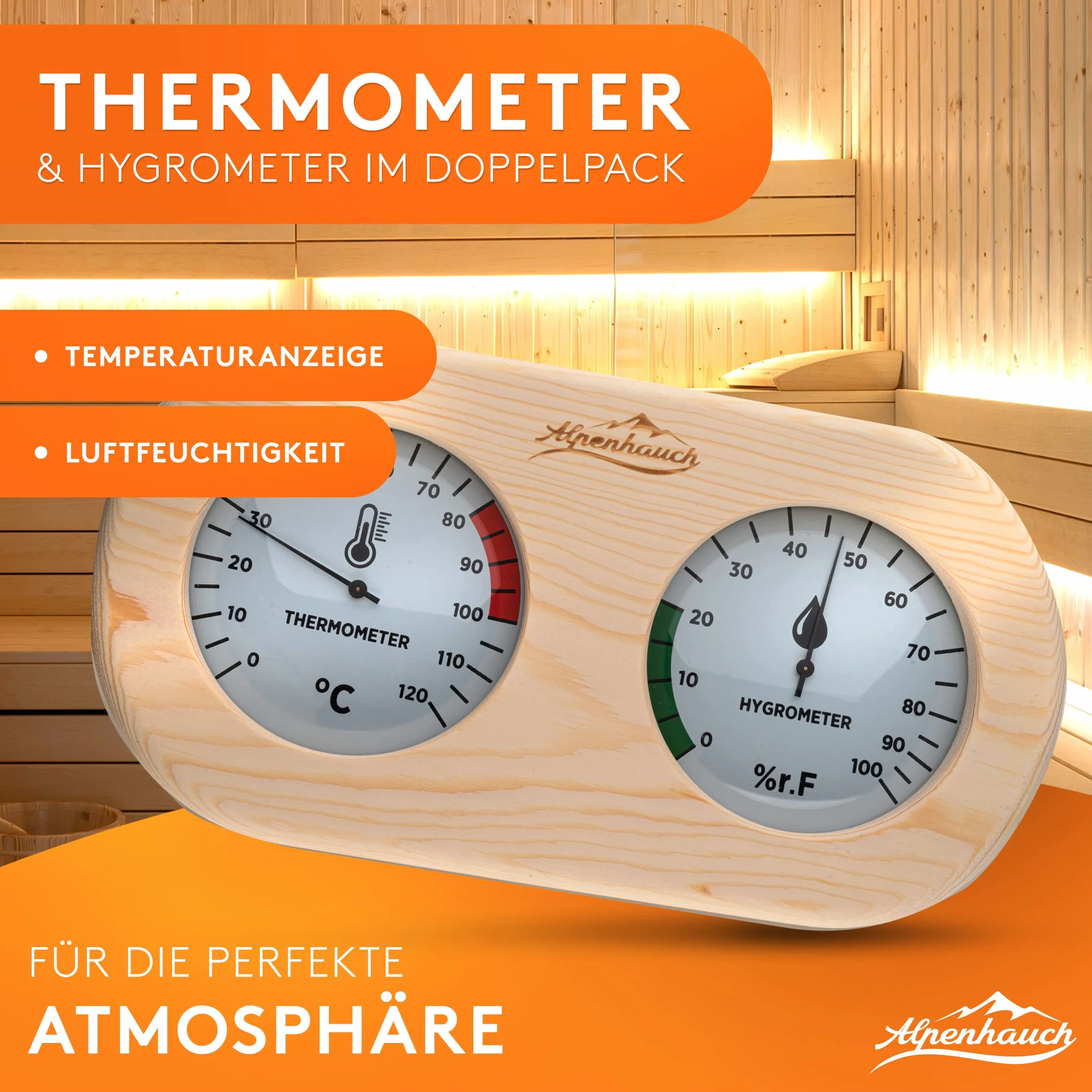 ALPENHAUCH Termometro da sauna igrometro in legno 2 in 1 con vetro temperato calibrazione automatica