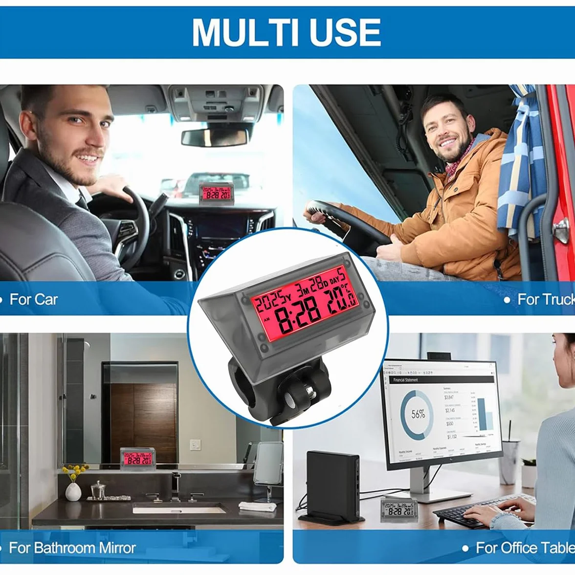 Orologio LCD ad energia solare -Orologio digitale multifunzionale per auto,impermeabile e antiurto,con ora, data, settimana, temperatura, supporto per maniglia per auto,moto,bicicletta,luce rosso