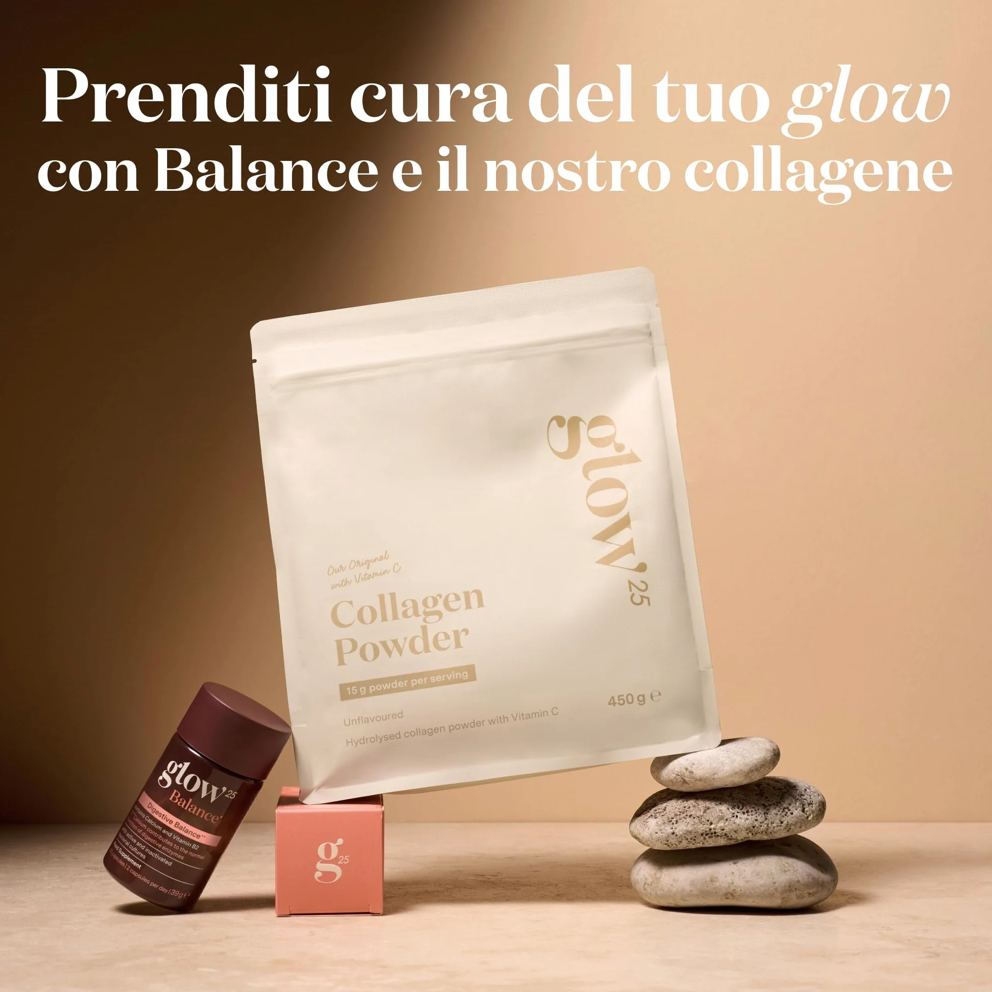Collagene in polvere 450g con vitamina C – Peptidi di tipo I e III – Glow25®