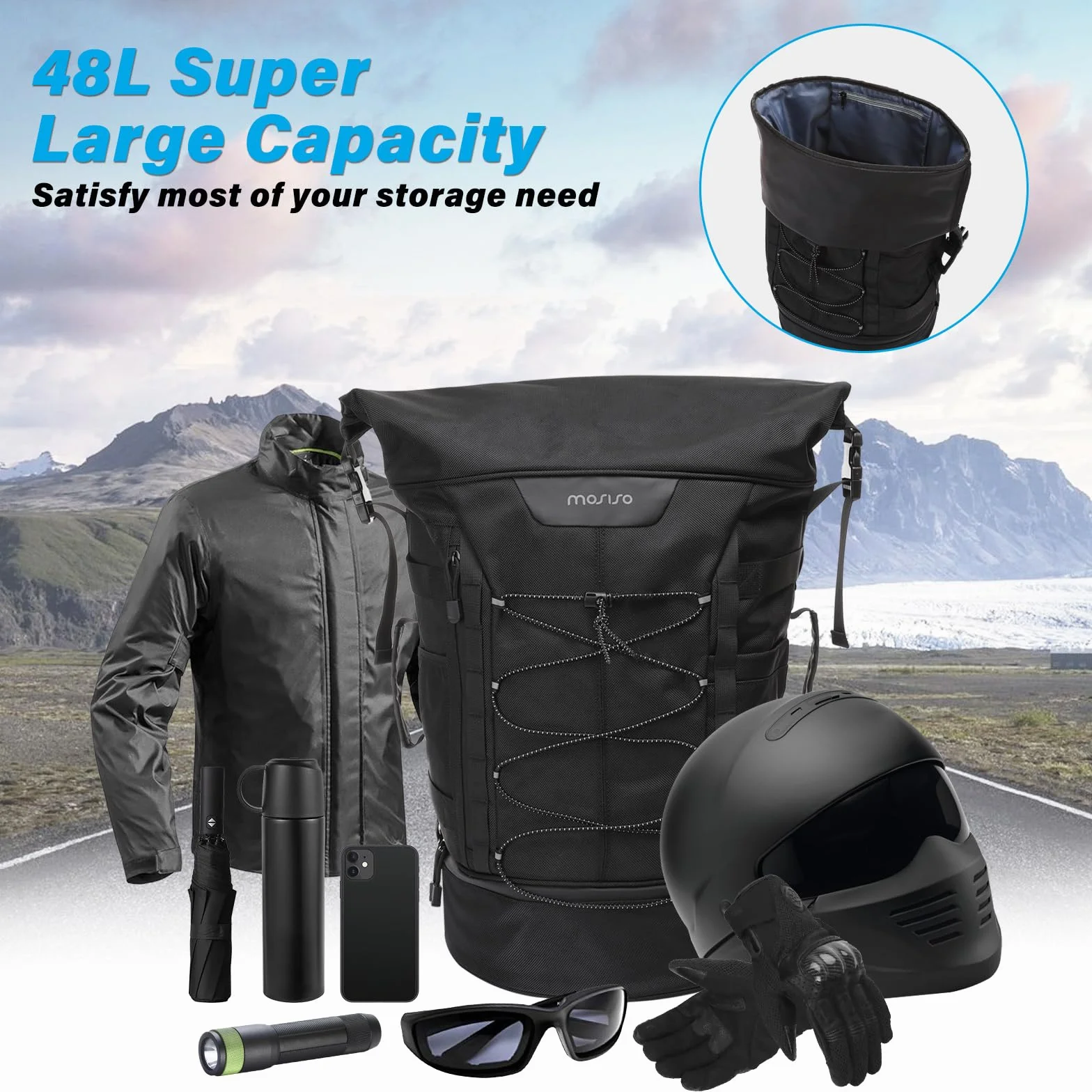 MOSISO Borsa Moto Schienale Sissy Bar da Viaggio Marsupio per Grande Capacita Espandibile 30L-48L, Borsa Posteriore Moto con Copertura Antipioggia e Tracolla, Nero