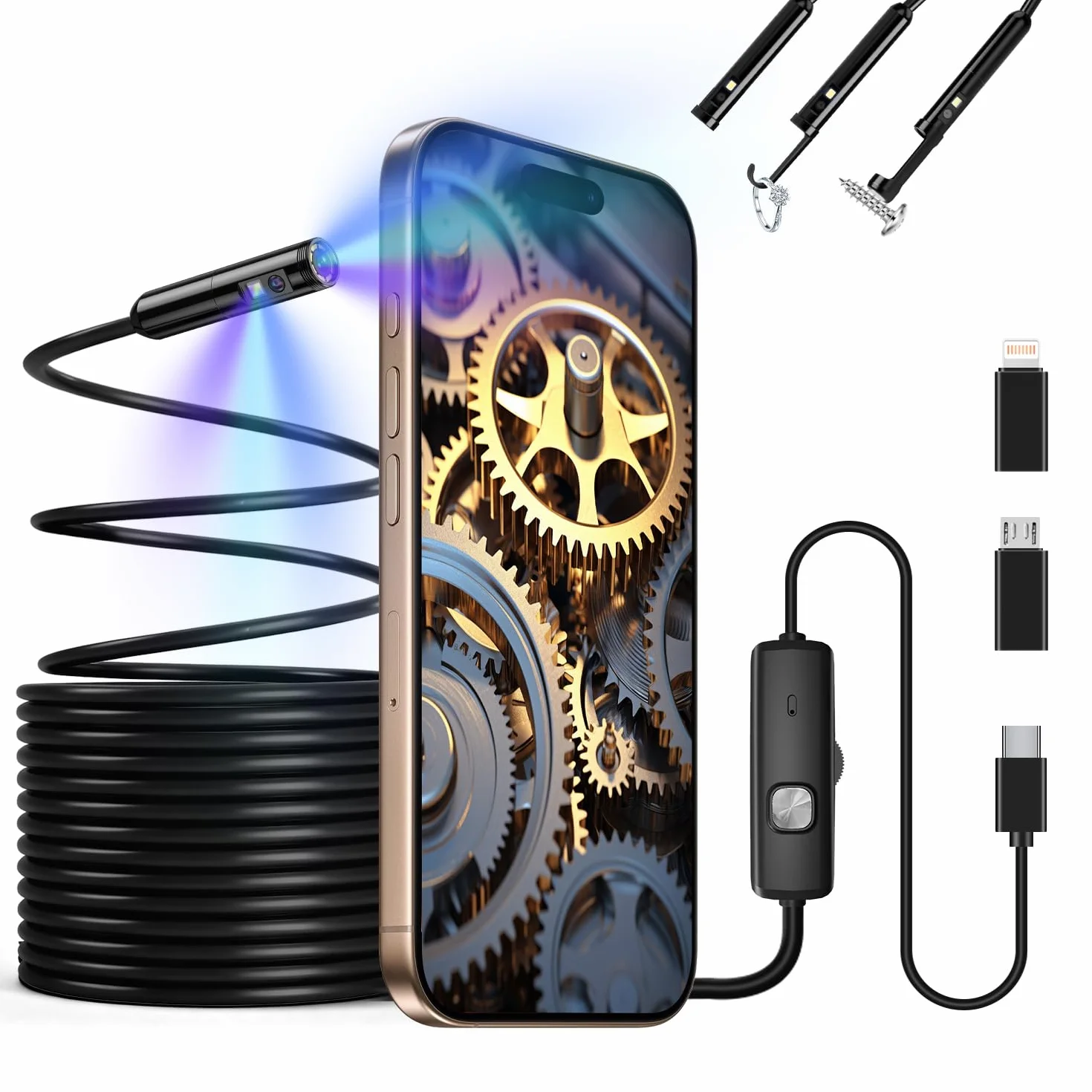 Endoscopio per Smartphone 1920P HD IP67 Sonda Impermeabile 8 LED Cavo Semirigido 5 m Compatibile iOS Android