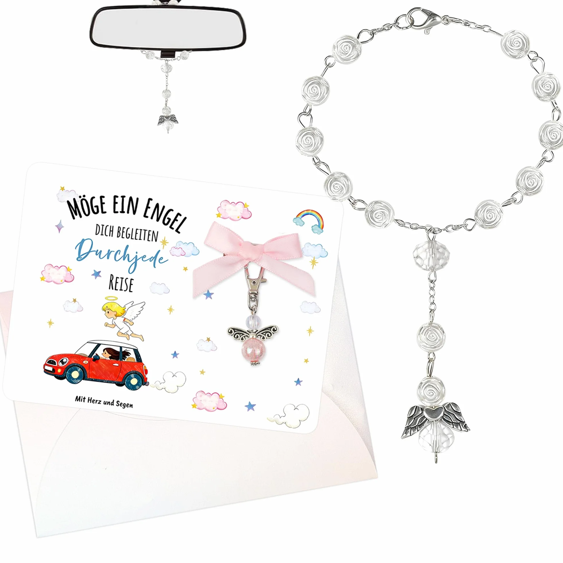 Ciondolo auto con angelo custode per specchio, rosario portafortuna, accessorio interno auto, ciondolo per auto, regalo per patente di guida e carrello (ciondolo per auto + portachiavi)