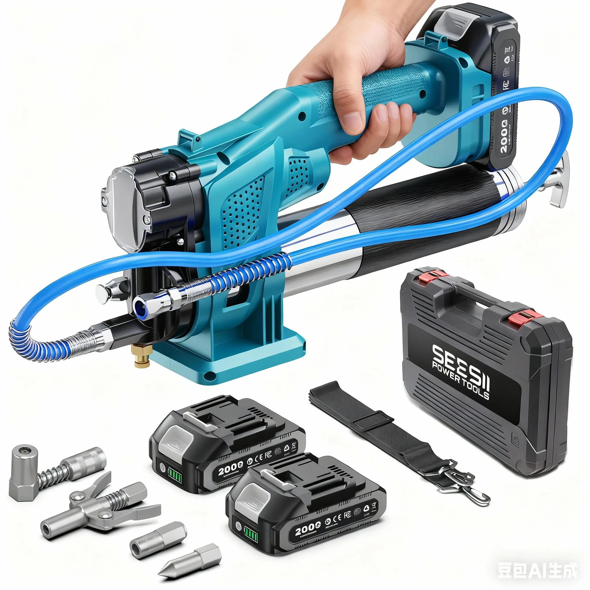 Seesii Ingrassatore a Batteria Kit: Pistola Grasso ad Alte Prestazioni da 10000 PSI e 4,6 oz/min con 2 Batterie, Tubo 39,4", Adattatore a 90° e 3 Ugelli per Un Ingrassaggio più Rapido e Senza Sforzo