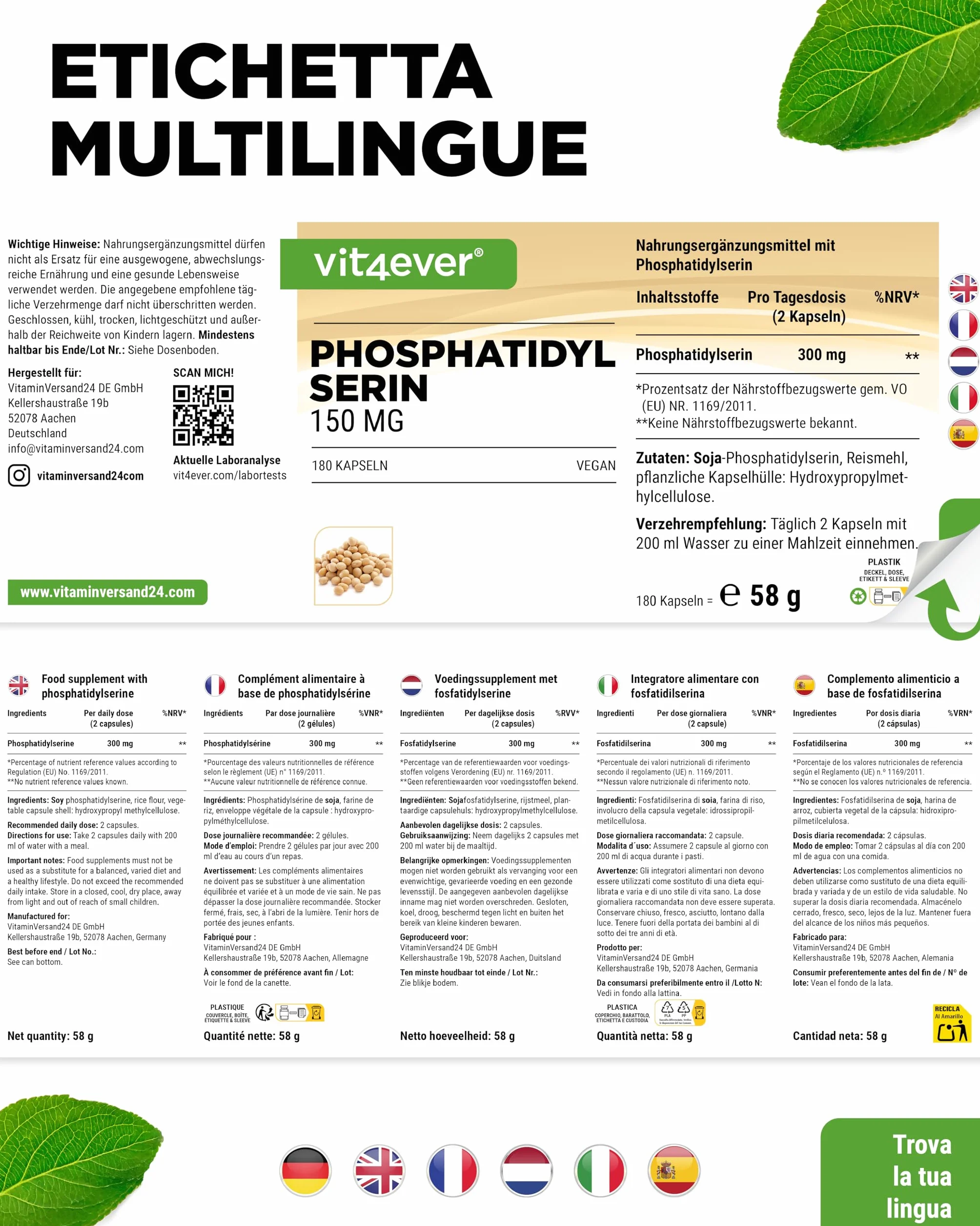 vit4ever Fosfatidilserina 300 mg 180 Capsule Alto Dosaggio Vegano