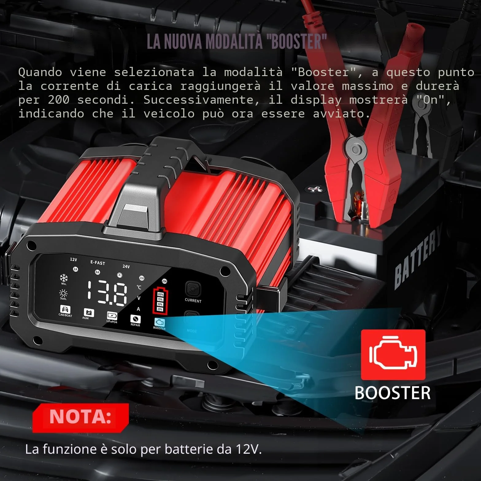 Caricabatteria da Auto 12V 25A 24V 15A LiFePO4 BOOSTER LED Intelligente AGM Gel SLA