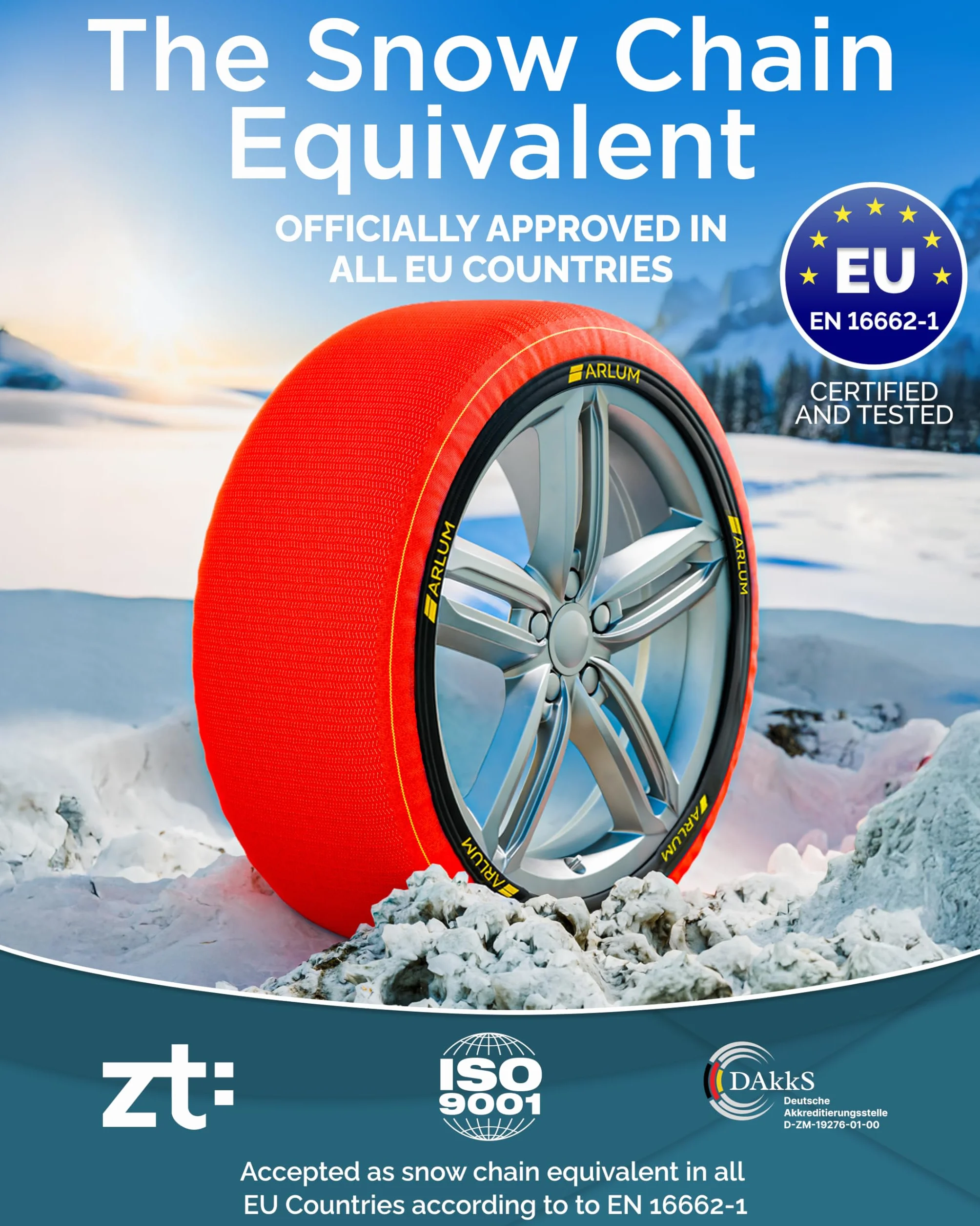 ARLUM Calze da Neve Omologate Italia EN 16662-1 Control Due Catene da Neve in Tessuto per Auto Snow Sock Taglia XL R14-R22