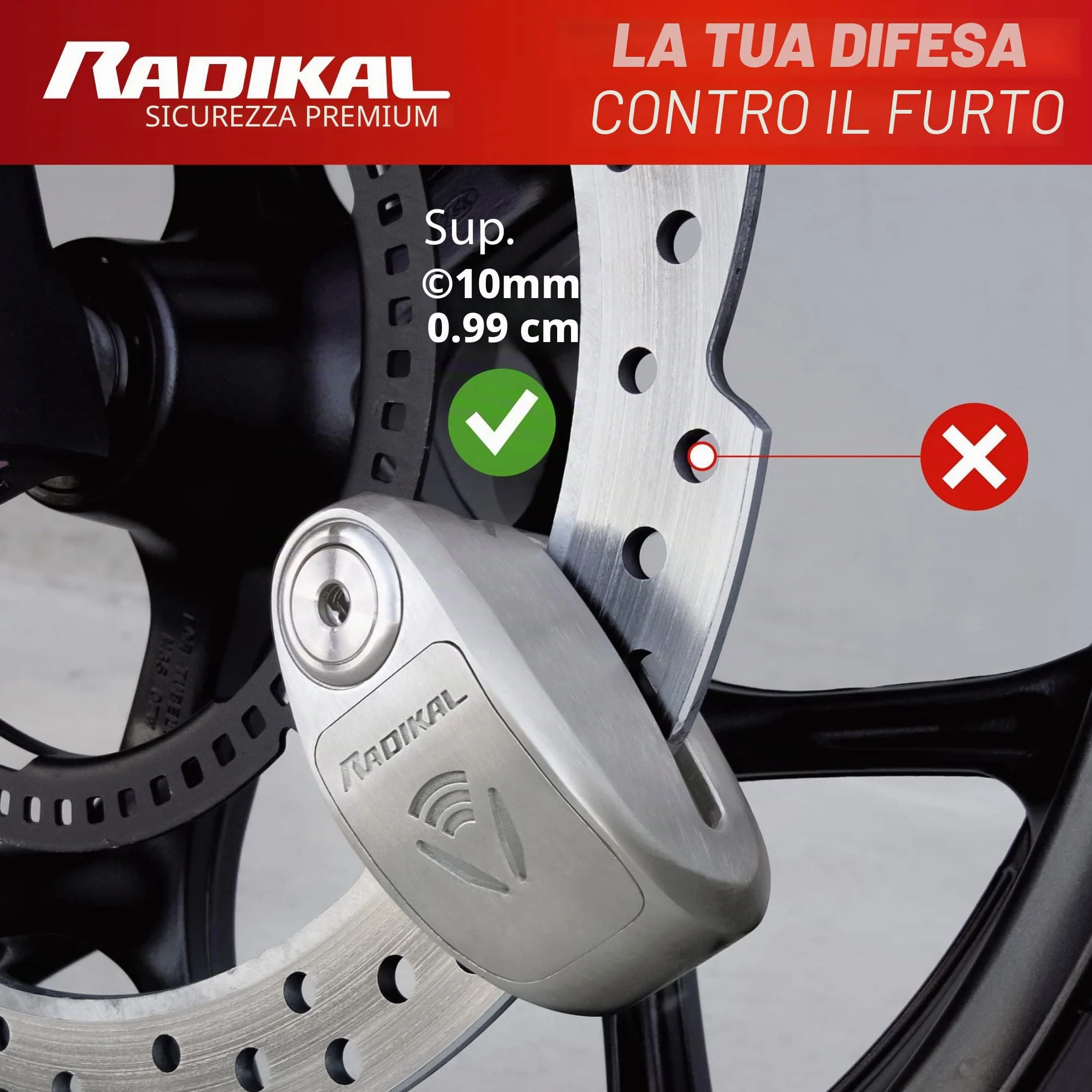 RADIKAL RK910S Bloccadisco Moto con Allarme 120dB ON/OFF, Omologato SRA et Sold Secure, Serratura Alta Sicurezza a Doppia Chiusura 10mm, Batteria Lunga Durata, Acciaio Inox, Antifurto Lucchetto Moto