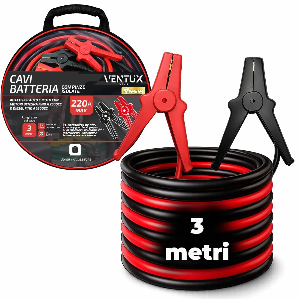 Cavi Batteria Auto – 3 Metri | Cavi Avviamento Auto 220A | Cavi Avviamento Emergenza con Pinze Isolate | Cavi Avviamento Batteria per Veicoli Fino a 2000cc