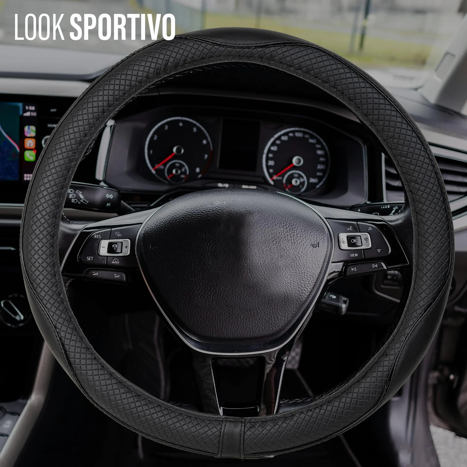 CAR PASSION Coprivolante Auto Universale in Microfibra Antiscivolo, Resistente ed Elastico - Design Sportivo per Volanti 37-38 cm - Comodo e Facile da Installare (Nero)