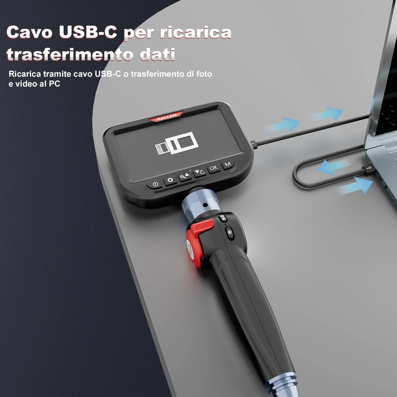 Ralcam Telecamera Endoscopica Borescopio Doppio 6,5 mm Testa Mobile 180° Schermo HD IPS 5" Impermeabile IP67 Cavo Semirigido 1,5 m