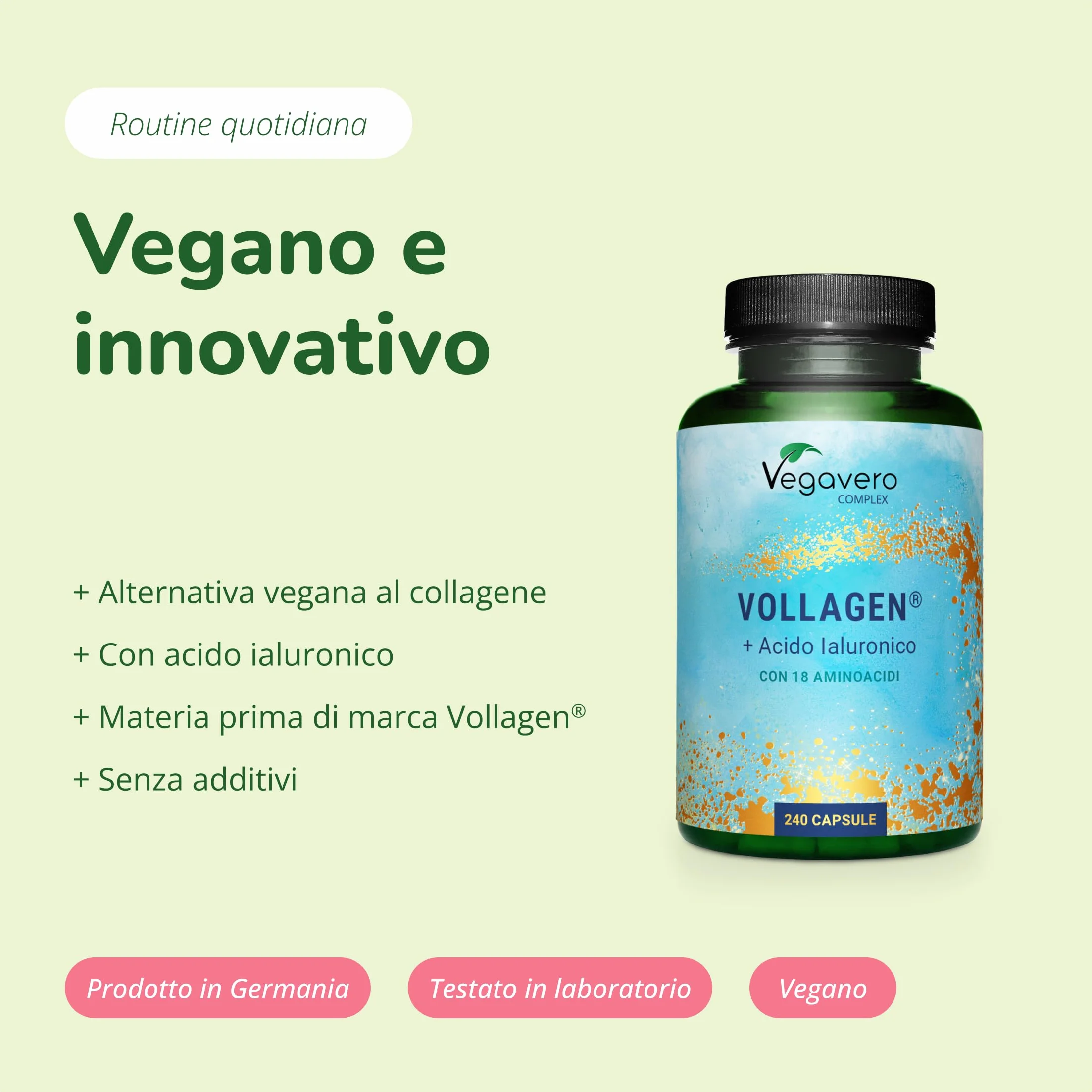 Vegavero Collagene Vegano + Acido Ialuronico | Vollagen® 800-1500 kDa | Integratore Anti Age 240 capsule