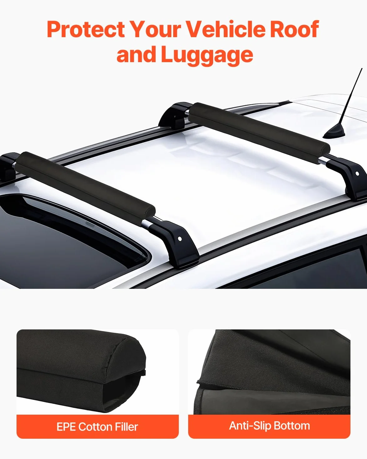 VEVOR Cuscinetti Morbidi per Portapacchi da Tetto, Cuscinetto Universale per Portapacchi per Auto 711,2 mm, Carico 40 kg con 2 Cinghie di Fissaggio e Velcro, Portapacchi per SUP, Canoa, Snowboard