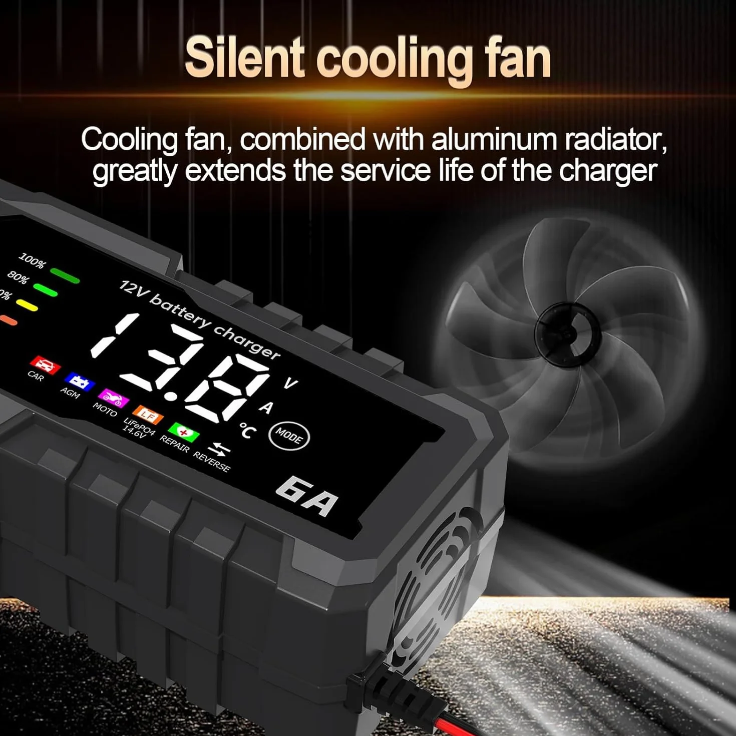 SQUADO Caricabatteria 6A 12V Intelligente per Auto, Moto, Scooter – Ricarica Automatica con Display LCD, Protezione da Sovraccarico e Inversione Polarità, per Batterie Piombo AGM/GEL/WET