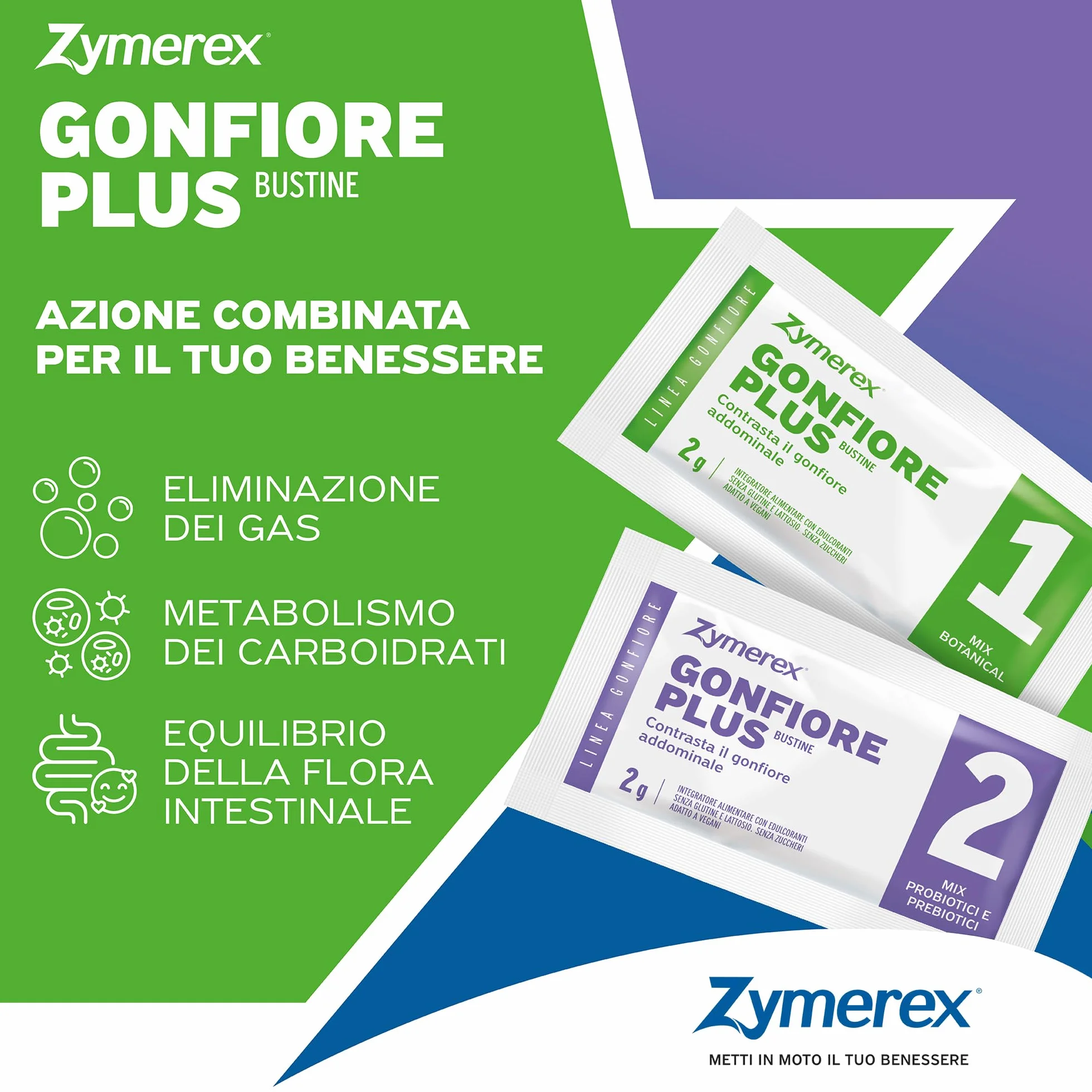 Zymerex Gonfiore Plus 14+14 bustine Probiotici Prebiotici Equilibrio Flora Intestinale Metabolismo Carboidrati Senza Glutine Lattosio Zuccheri