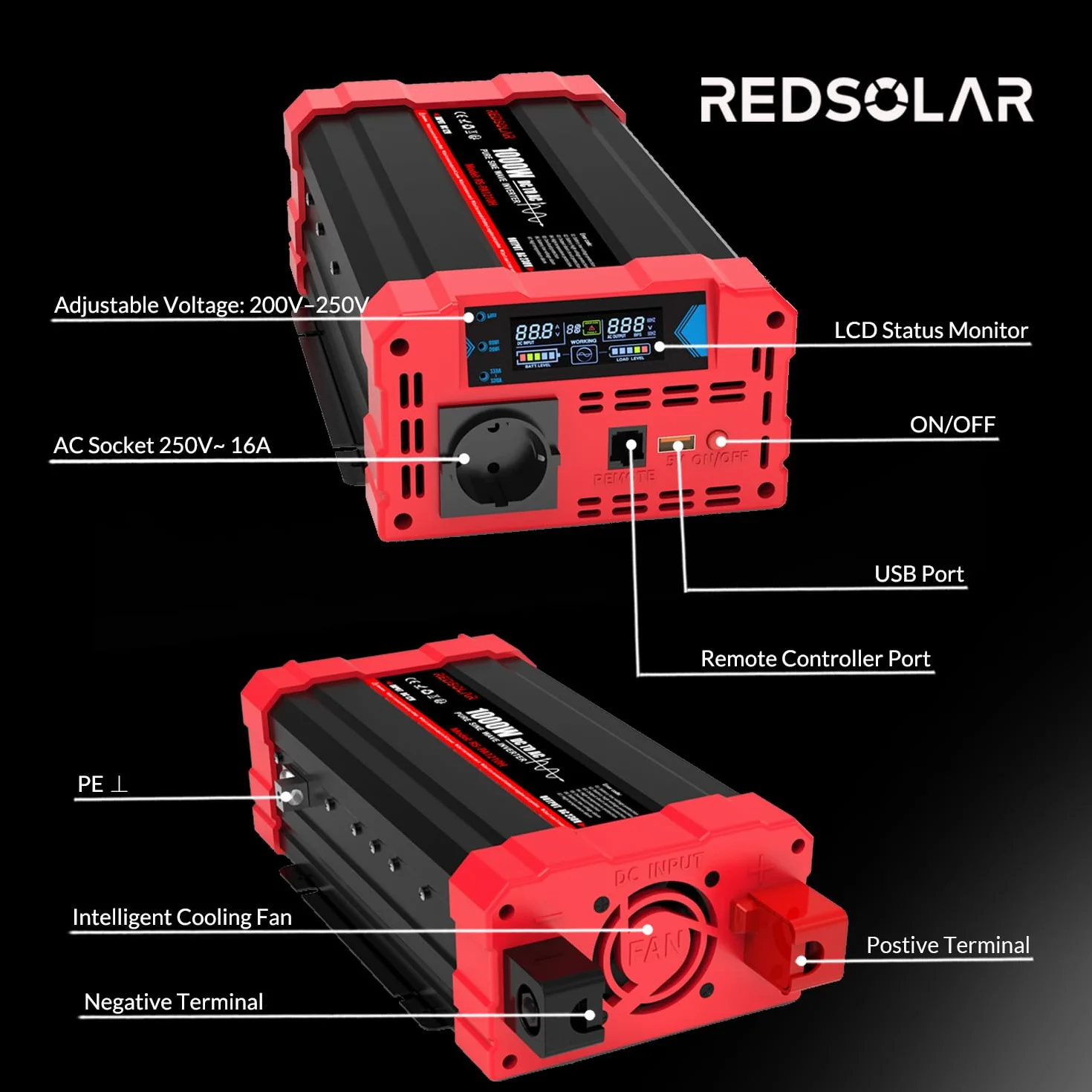 REDSOLAR Inverter Onda Sinusoidale Pura 1000W Picco 2000W Convertitore 12V DC a 220V 230V AC con Display LCD Porta USB Presa EU Pannello Remoto
