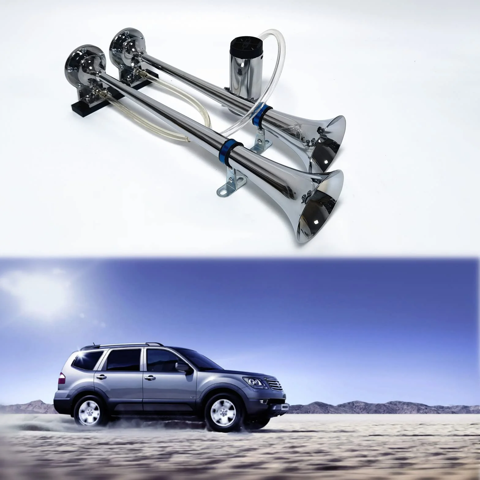 Tromba d'aria 12V Altoparlante argento 165db Staffa a fascia per avvisatore acustico per camion Tromba a doppio tubo in zinco cromato con clacson della pompa dell'aria Horn per 12V auto SUV ecc