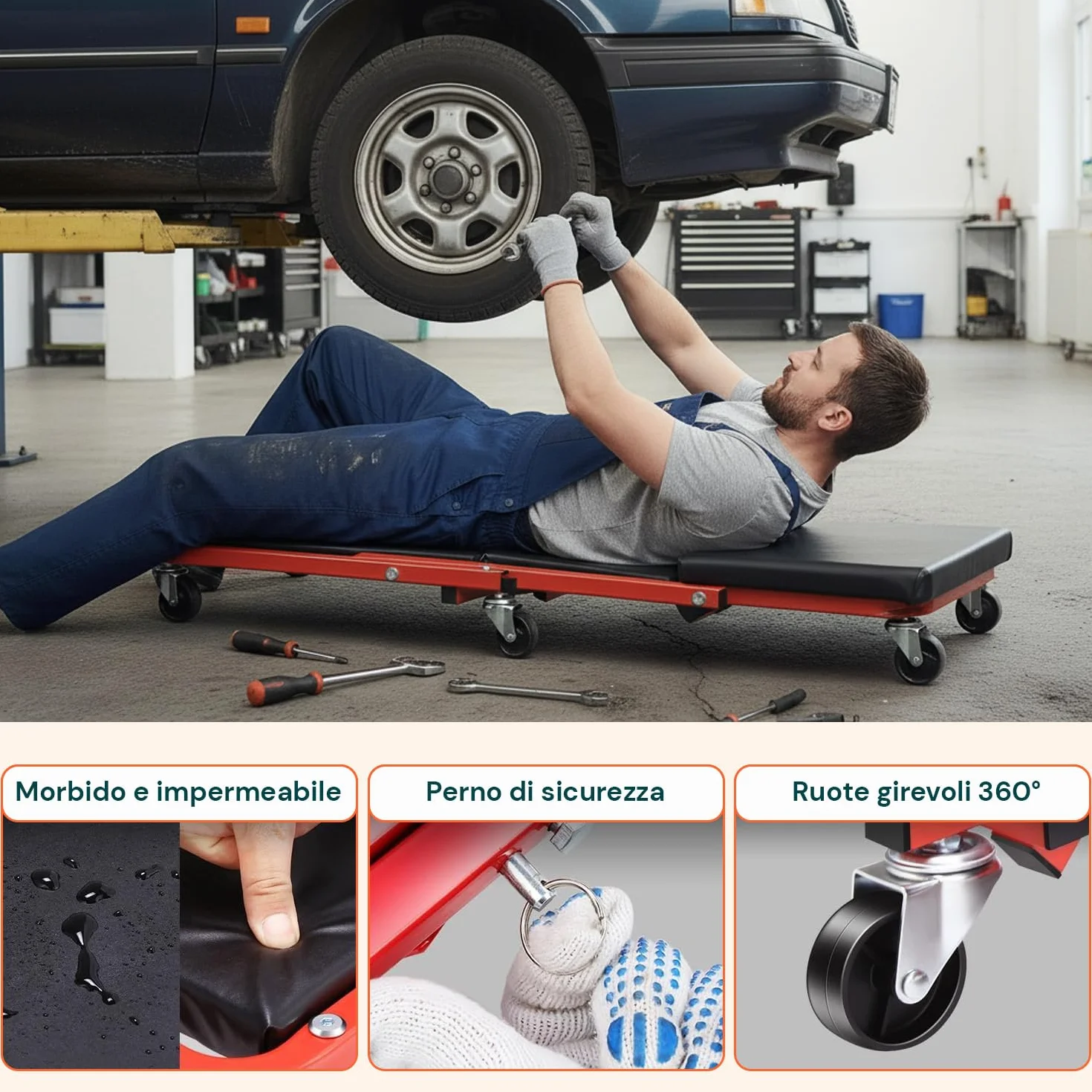 Avilia - Sgabello Officina 2 in 1 Trasformabile in Lettino Meccanico con 6 Ruote Girevoli, Struttura Robusta in Acciaio, Uso Ergonomico per Lavoro in Garage e Manutenzione Auto