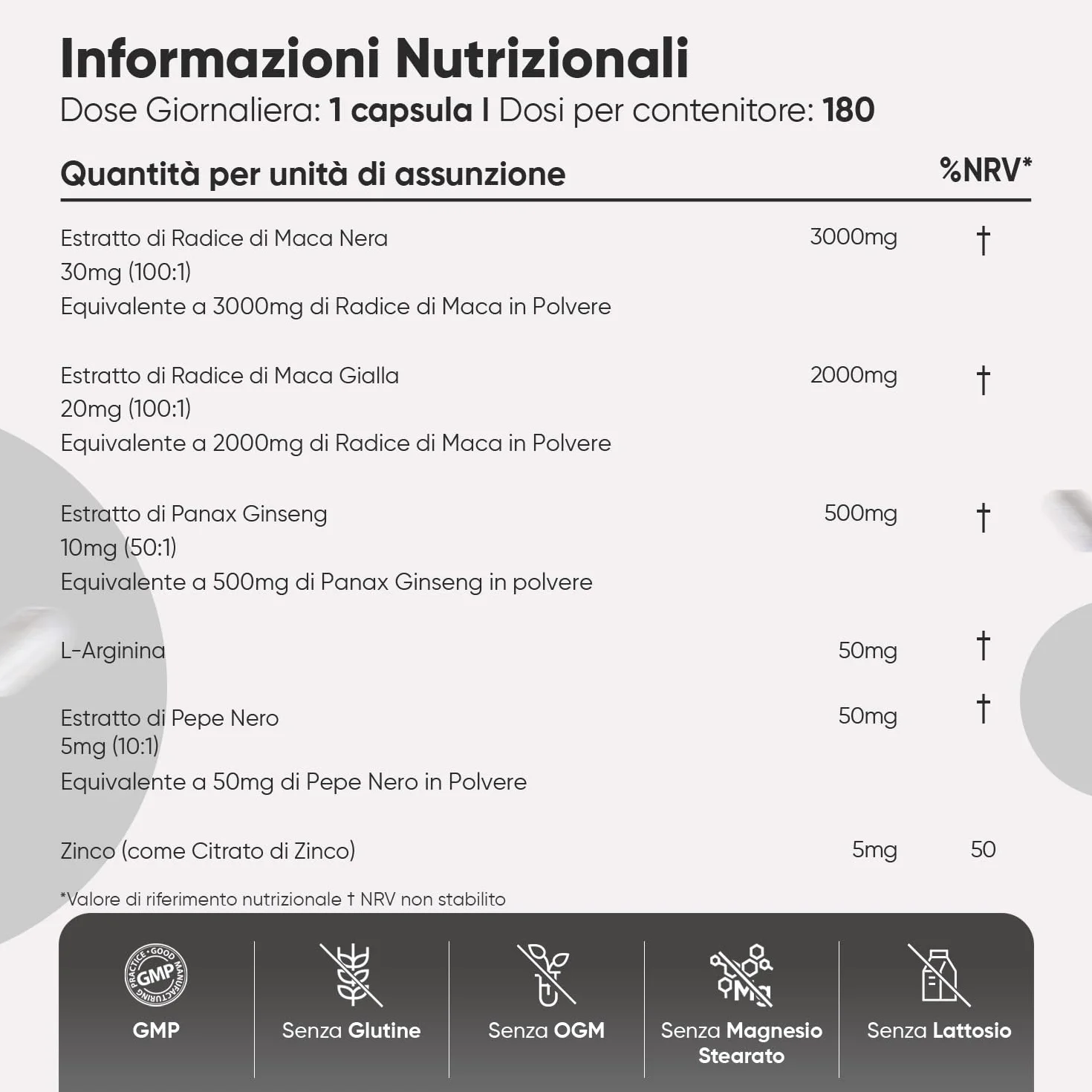 Maca Peruviana 180 Capsule Vegane Estratto 100:1 Maca Nera Complex L Arginina Zinco Citrato Panax Ginseng Pepe Nero