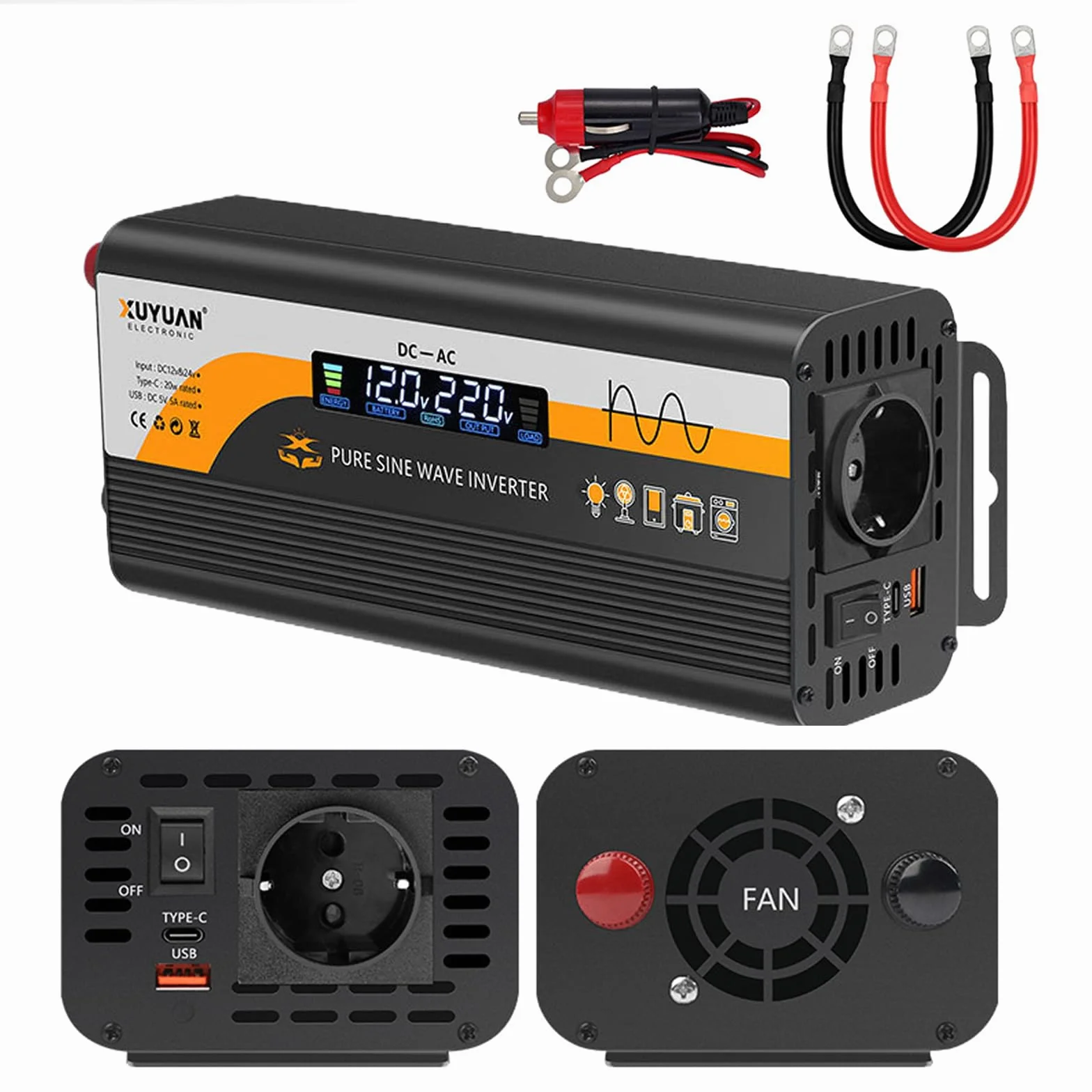 Convertitore di tensione 800W 12V/24V a 220V con presa europea e porta USB LCD