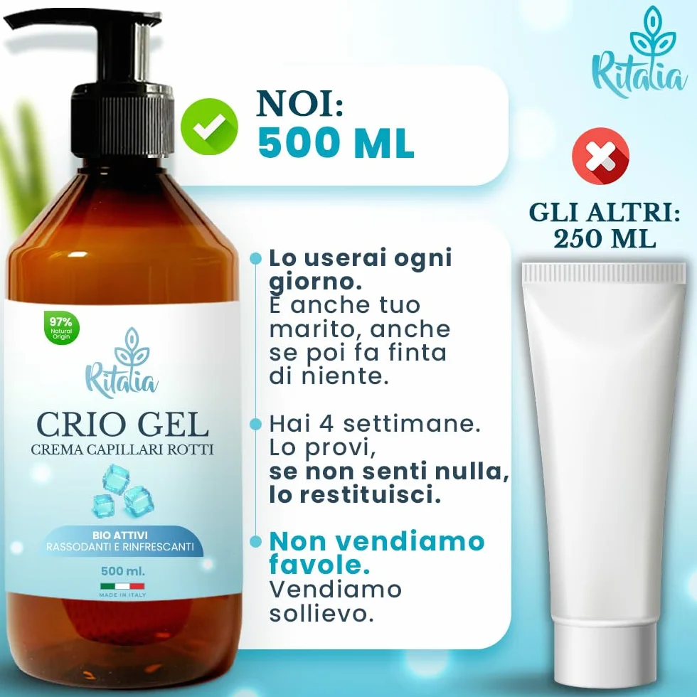 Ritalia Crema Gambe Gonfie Criogel Effetto Freddo 500 ml, per Gambe Pesanti, Circolazione e Microcircolo, Assorbimento Rapido