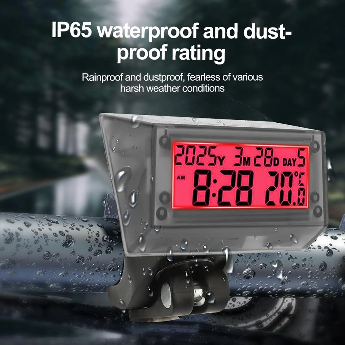 Orologio LCD ad energia solare -Orologio digitale multifunzionale per auto,impermeabile e antiurto,con ora, data, settimana, temperatura, supporto per maniglia per auto,moto,bicicletta,luce rosso