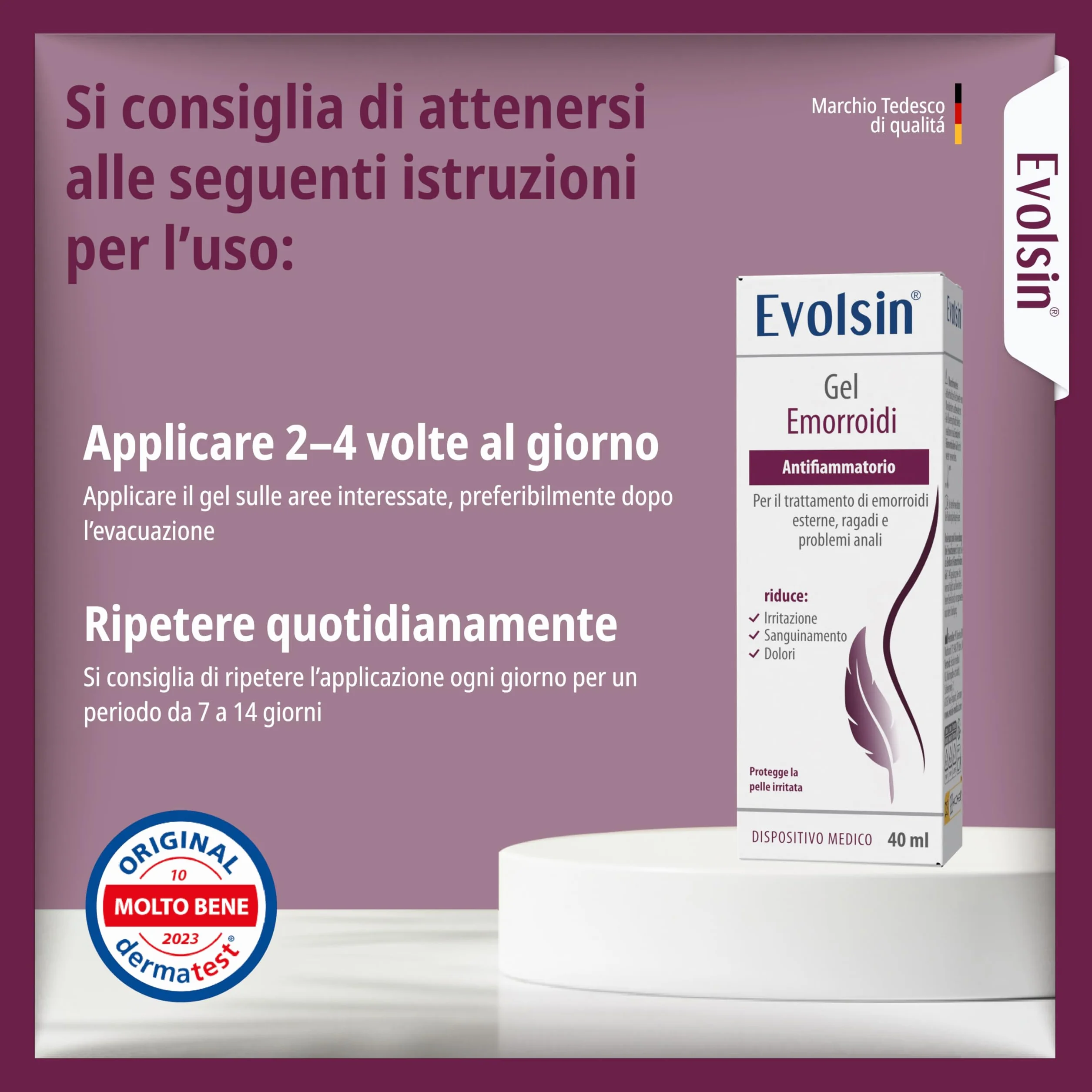 Evolsin Gel per emorroidi 40ml riduce dolore sanguinamento prurito