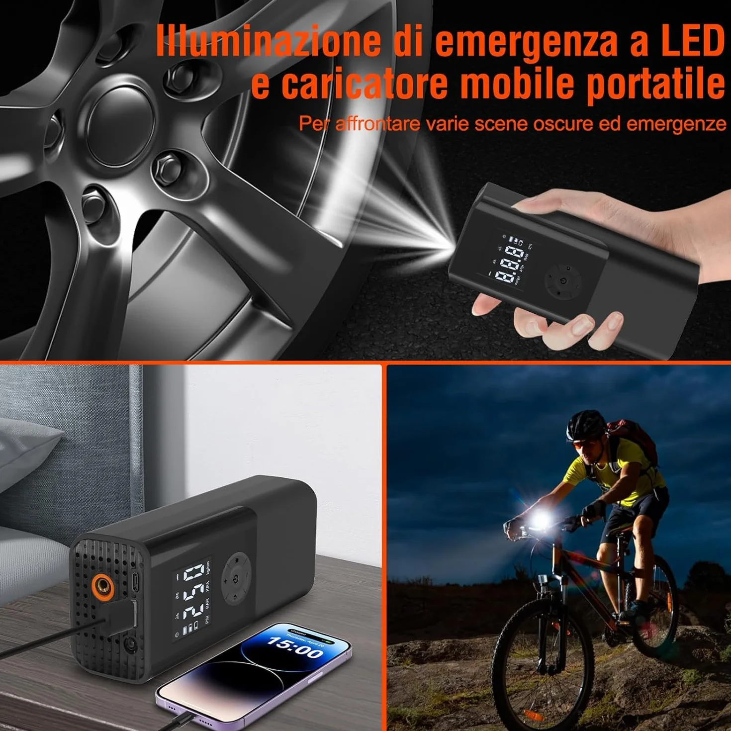 Compressore Aria Portatile 150PSI 6000mAh Auto 15L/min con Luce LED e Display LCD