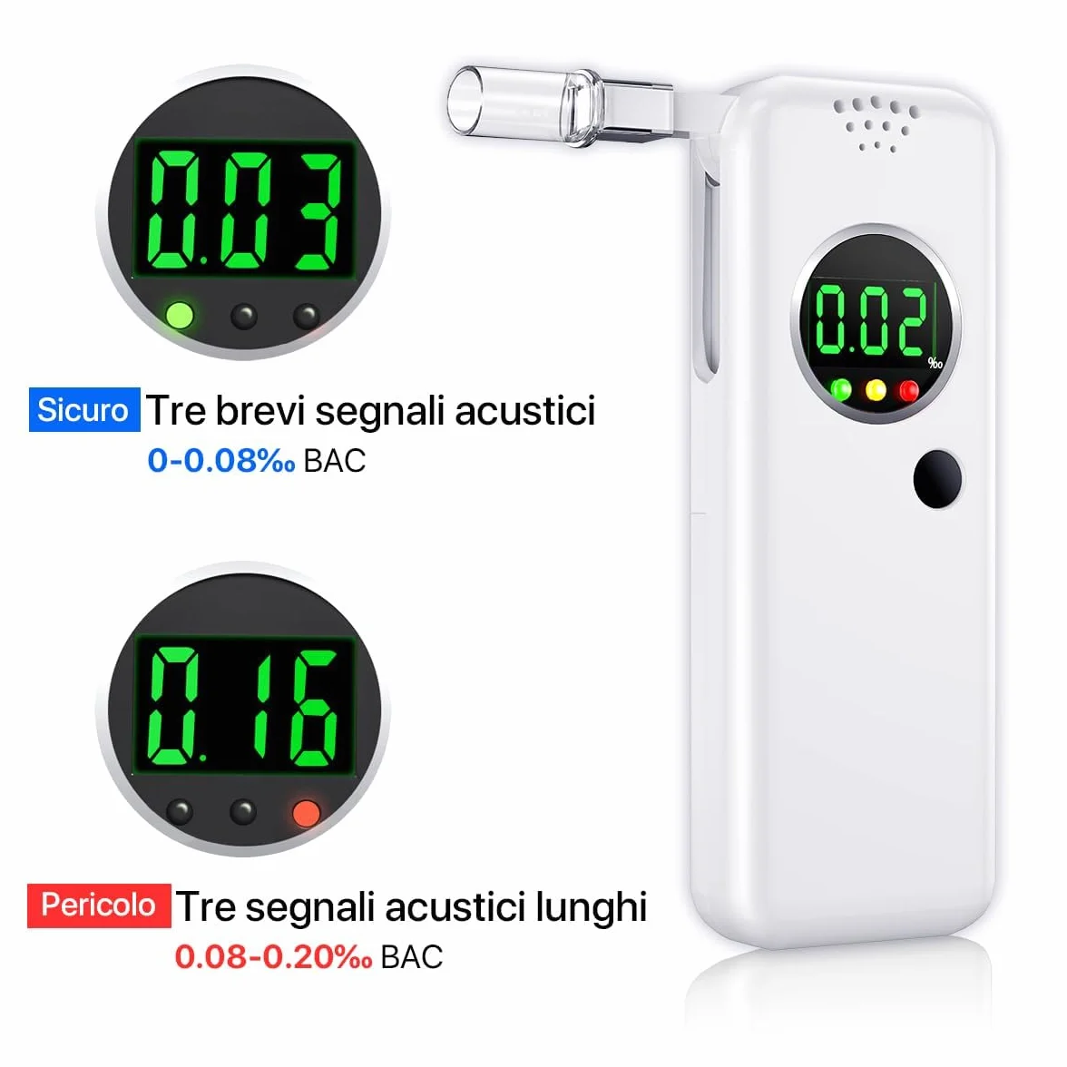 Etilometro Portatile Certificato, Alcol Test con Display LCD a Colori Digitali, Etilometro per Uso Domestico e Professionale, Codice Della Strada, Tester di Alcol con Bocchetti di 10 Pezzi (Bianco)