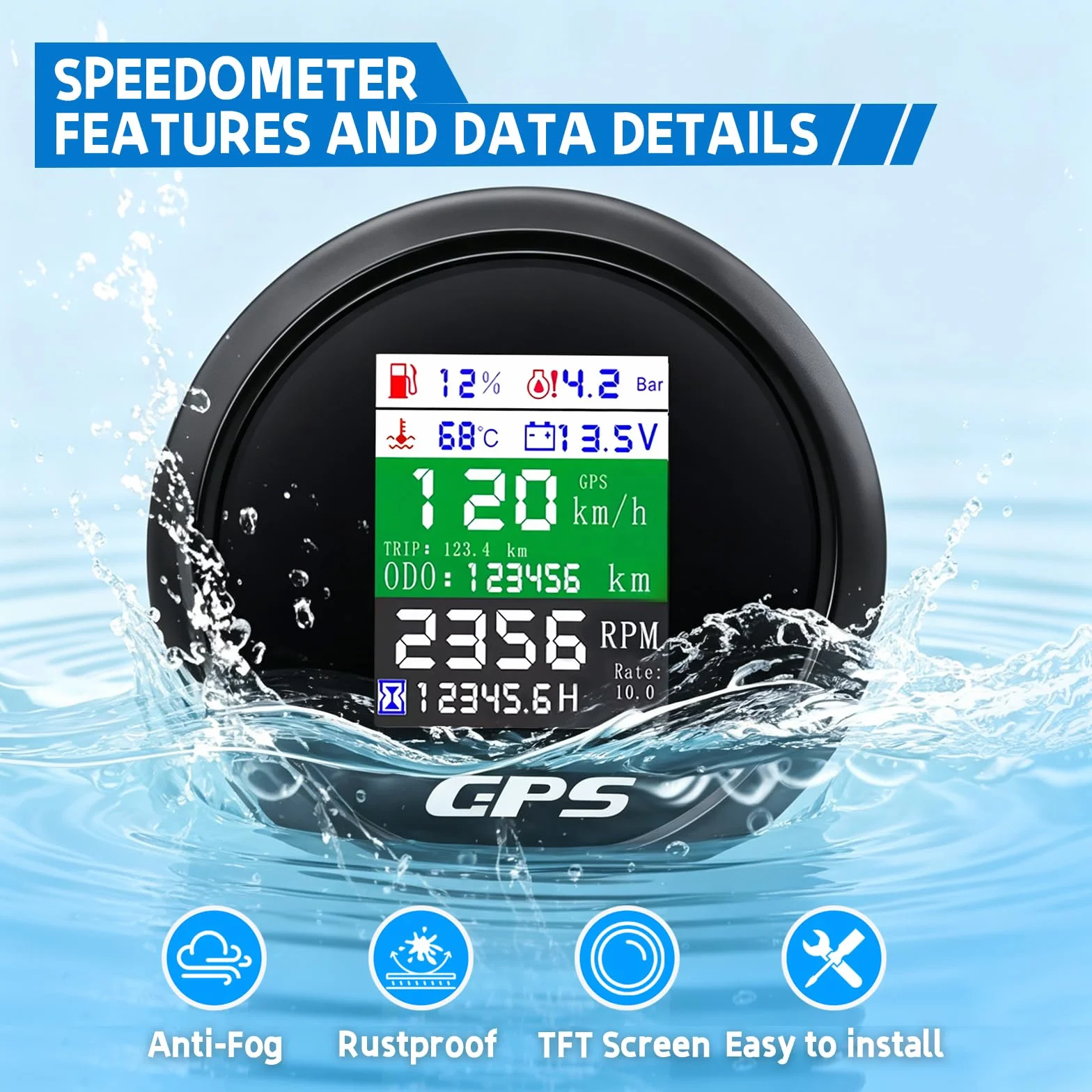 Tachimetro GPS 85 mm 6 in 1 Multifunzione Digitale Tachimetro Contagiri Voltmetro Indicatore Livello Carburante Temperatura Acqua e Pressione Olio