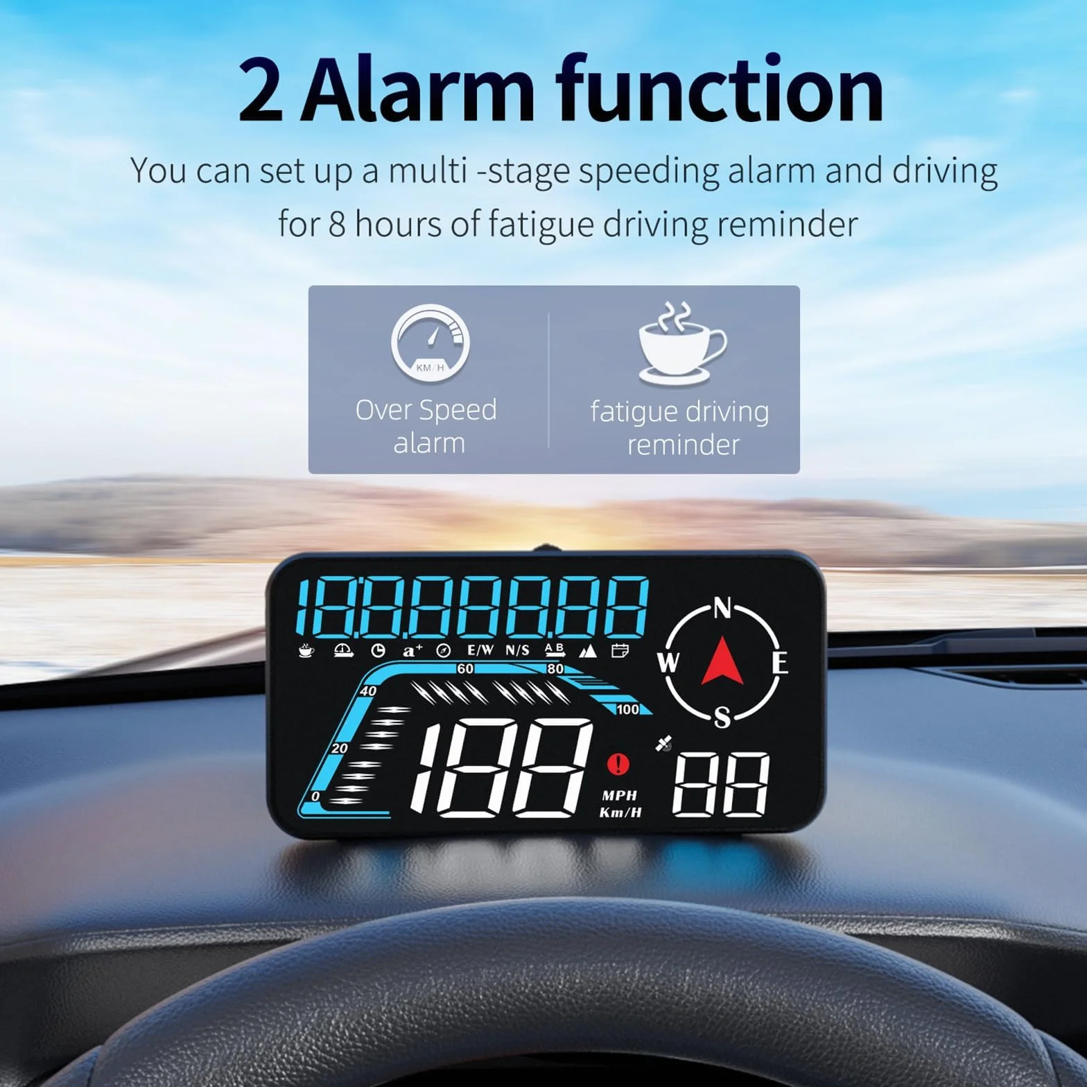Ampio display Screen Car Head up, KM/H e MPH, AMROOLOO GPS, tachimetro con promemoria di velocità e fatica, adatto per tutti i veicoli
