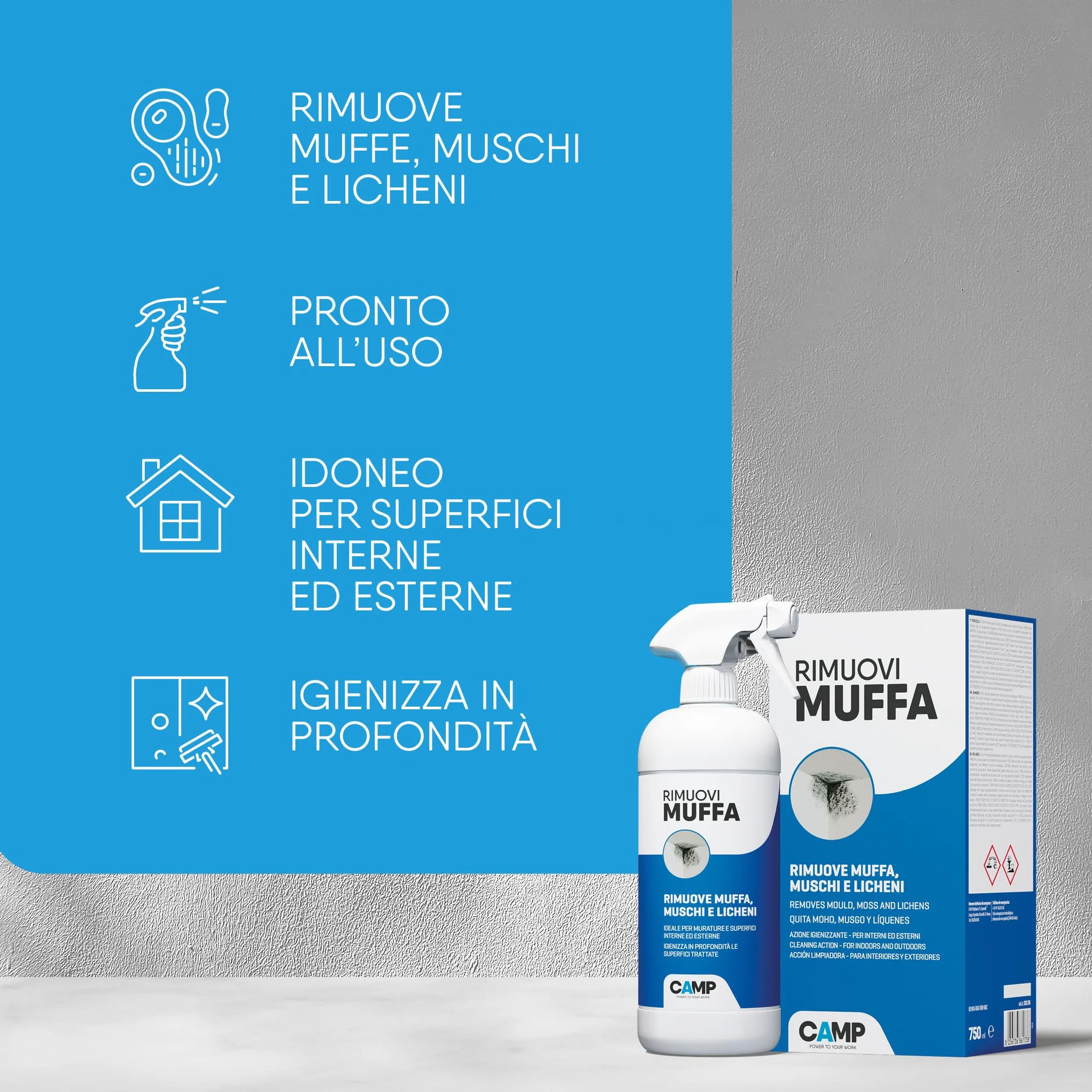 CAMP Rimuovi Muffa Antimuffa Spray 750 ml per Muri Interni ed Esterni
