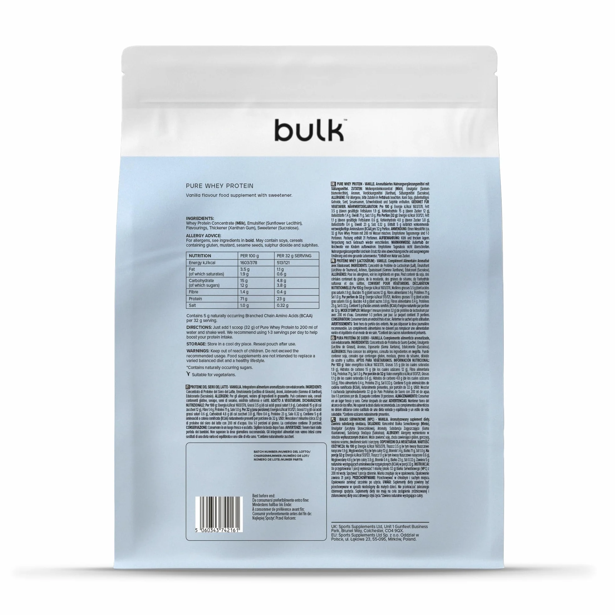 Bulk Pure Whey Protein Powder Vanilla 23g Protein 5g BCAAs per Scoop 1kg