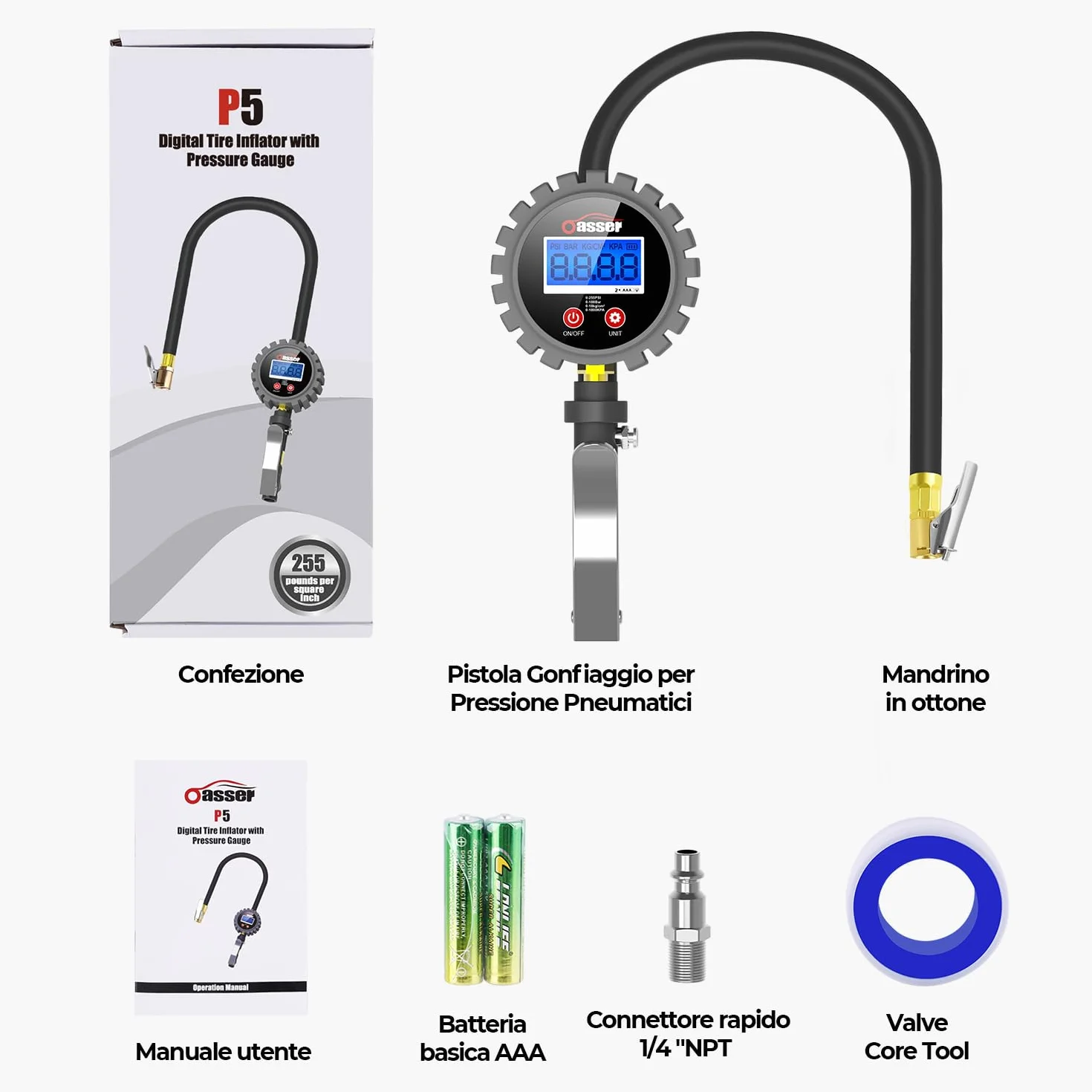 Oasser Manometro Pressione Gomme Professionale, Manometro Digitale, Pistola Gonfiaggio Pneumatici 255 PSI Alta Precisione con Luce a LED e Schermo LCD per Auto, SUV, Camion, Moto e Biciclette